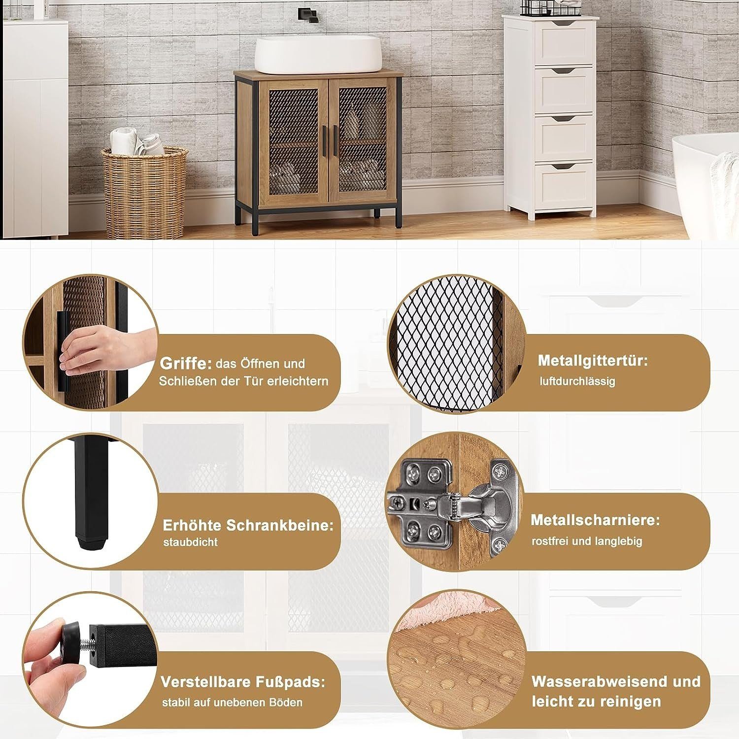 EUGAD Waschbeckenunterschrank (1-St) 2 Fächer, Metallgittertüre, aus Holzwerkstoff, 60x60x30 cm