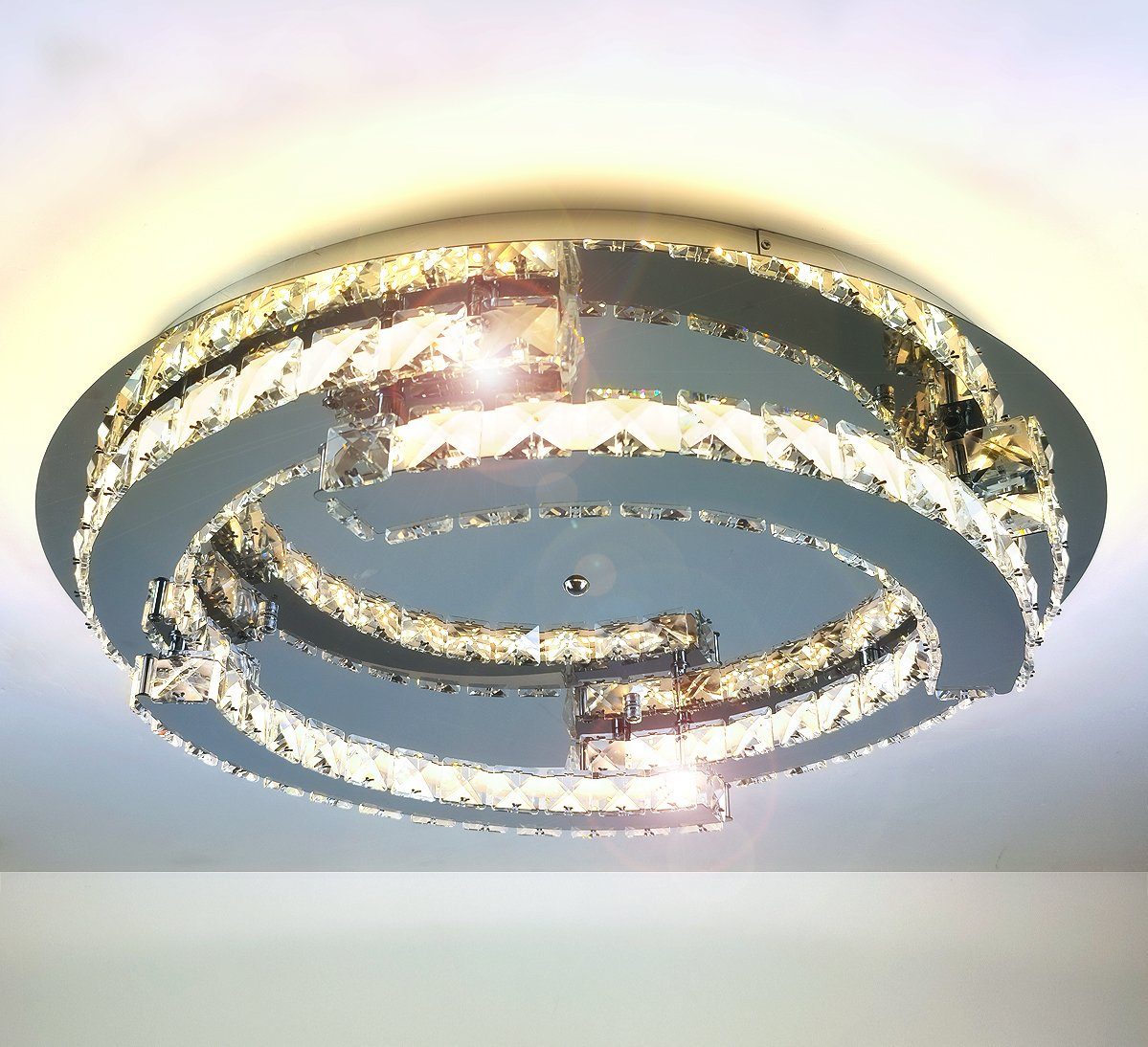 und Lewima groß Deckenlampe XXXL Silber verspiegelt einstellbar, Dimmbar Luxus / Kaltweiß 50-55W, »Schost«, Modern Design Warmweiß Fernbedienung Speicherfunktion inkl. Deckenleuchte LED rund, Ø60-80cm Kristall Glas