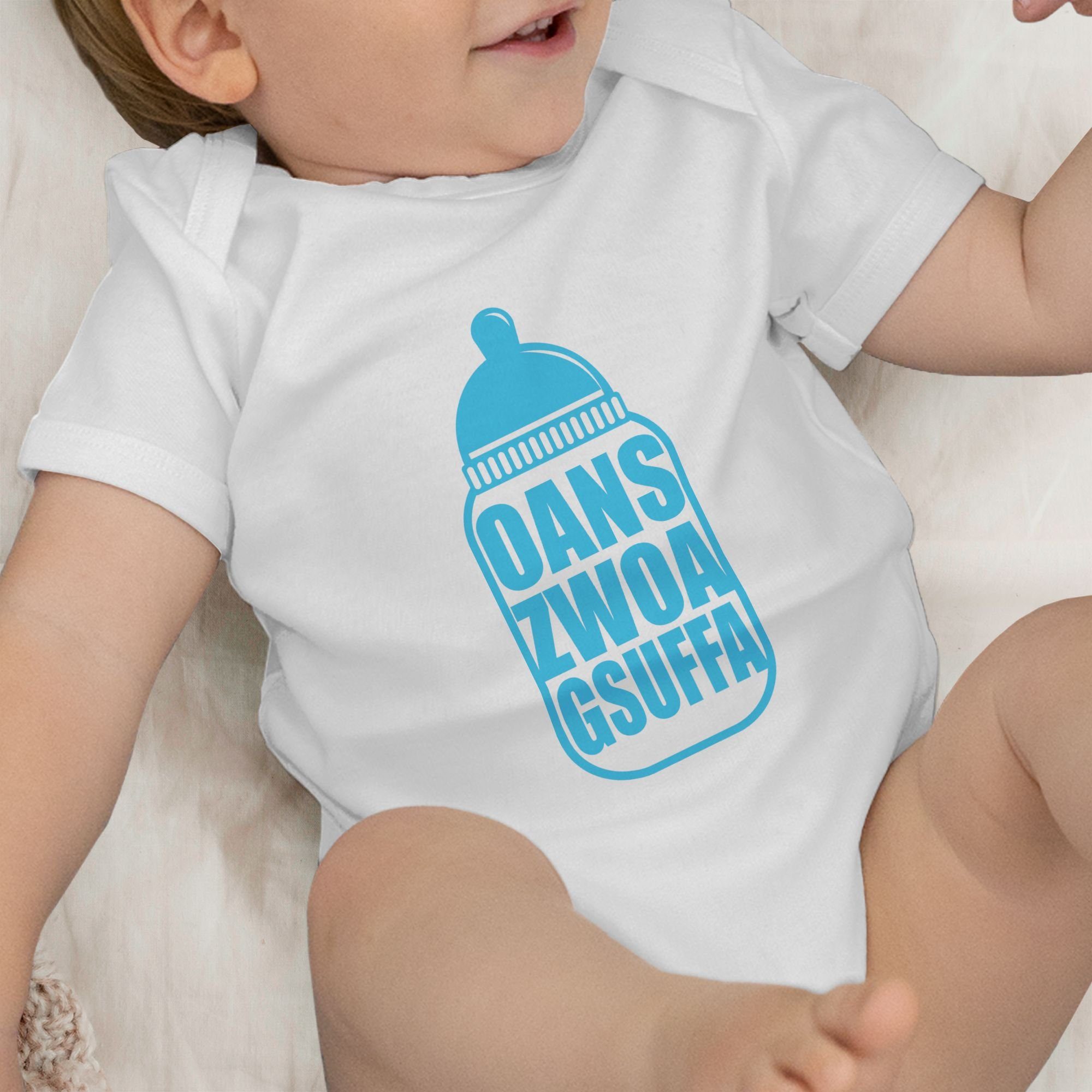 Baby Oktoberfest Weiß blau für Gsuffa Mode Zwoa Shirtracer Outfit Oans Babyflasche Shirtbody 1