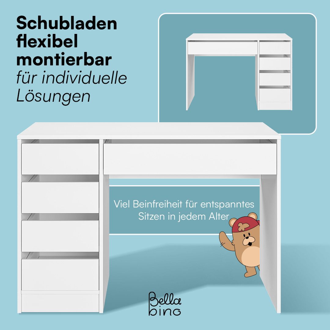 Bellabino Kinderschreibtisch Nore weiß, Jugendschreibtisch 110x53 cm mit 5 Schubladen, beidseitig montierbar