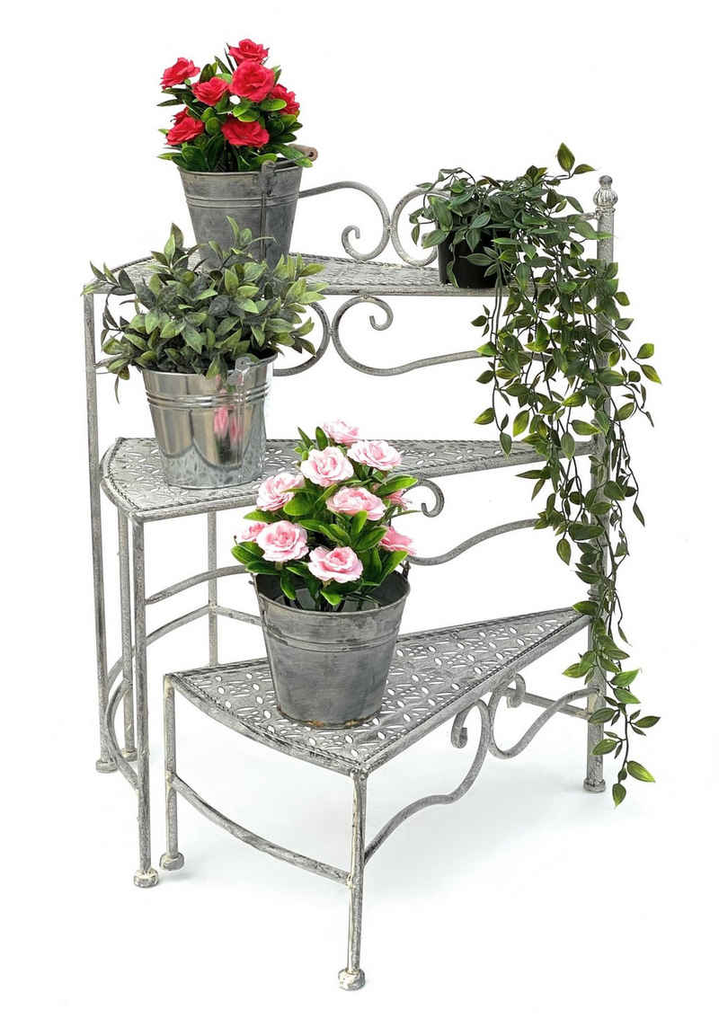DanDiBo Pflanzentreppe Innen Metall Weiß Grau 55 cm Blumenständer mit 3 Ablagen 96125 Blumenständer Blumensäule Pflanzenständer Balkon Vintage, Aufklappbar