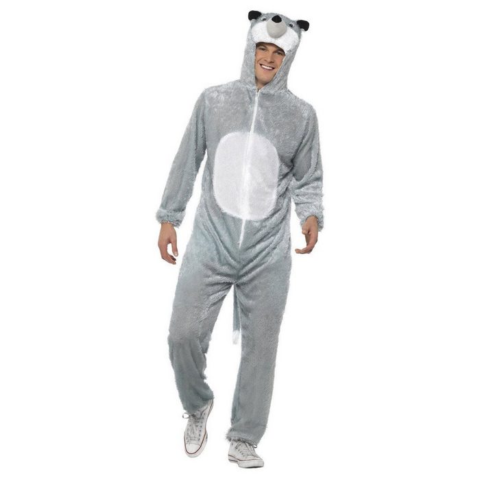 Smiffys Kostüm Flauschiger Wolf Kapuzenoverall Kostüm Gemütlicher Einteiler mit Tierkapuze