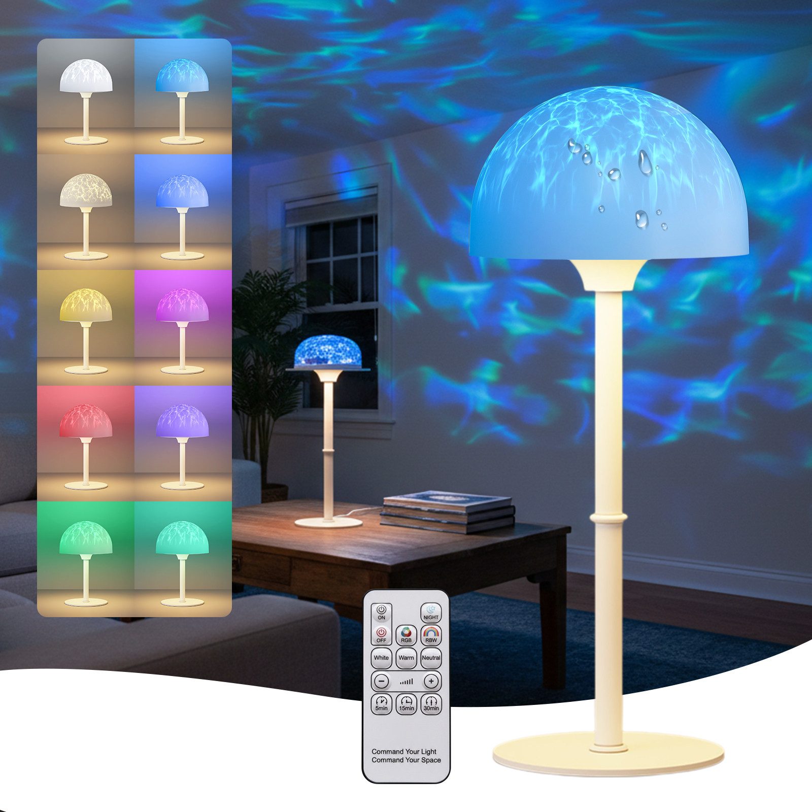 Rosnek LED Nachtlicht Wasserwellen Lampe LED RGB kabellos mit Touch Fernbedienung, LED fest integriert, das Badezimmer, Akku, Farbwechsel, Ozean Projektor für Bad Dusche Wanne
