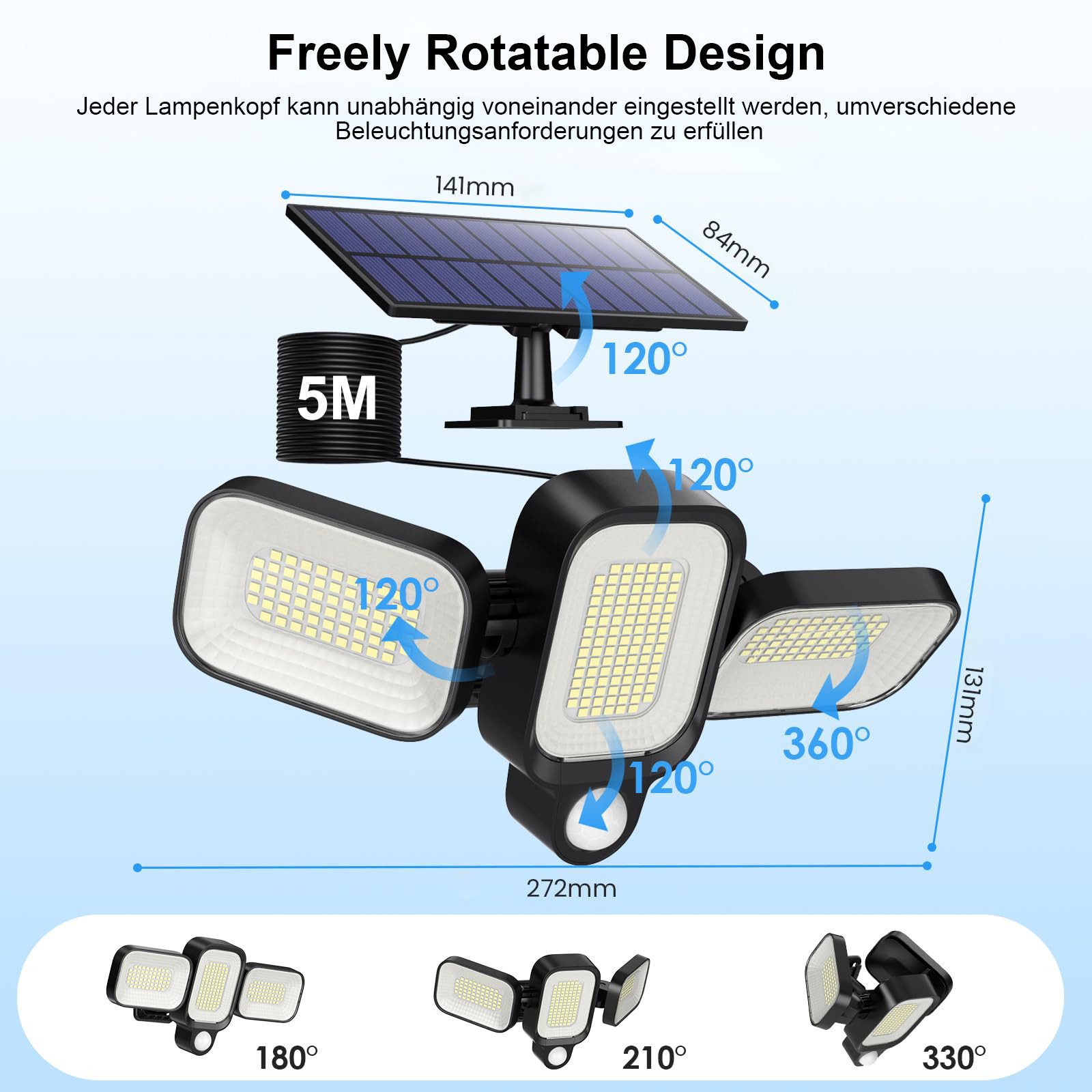MUPOO LED Solarleuchte 225 LEDs Solarleuchten,3 Kopf,IP65 Solar-Wandleuchte günstig online kaufen