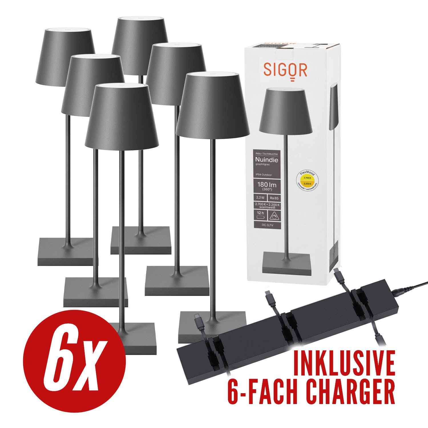 SIGOR LED Tischleuchte 6x Nuindie USB-C 380mm graphitgrau + 1x Charger, Dimmbar, LED fest integriert, Warmweiß