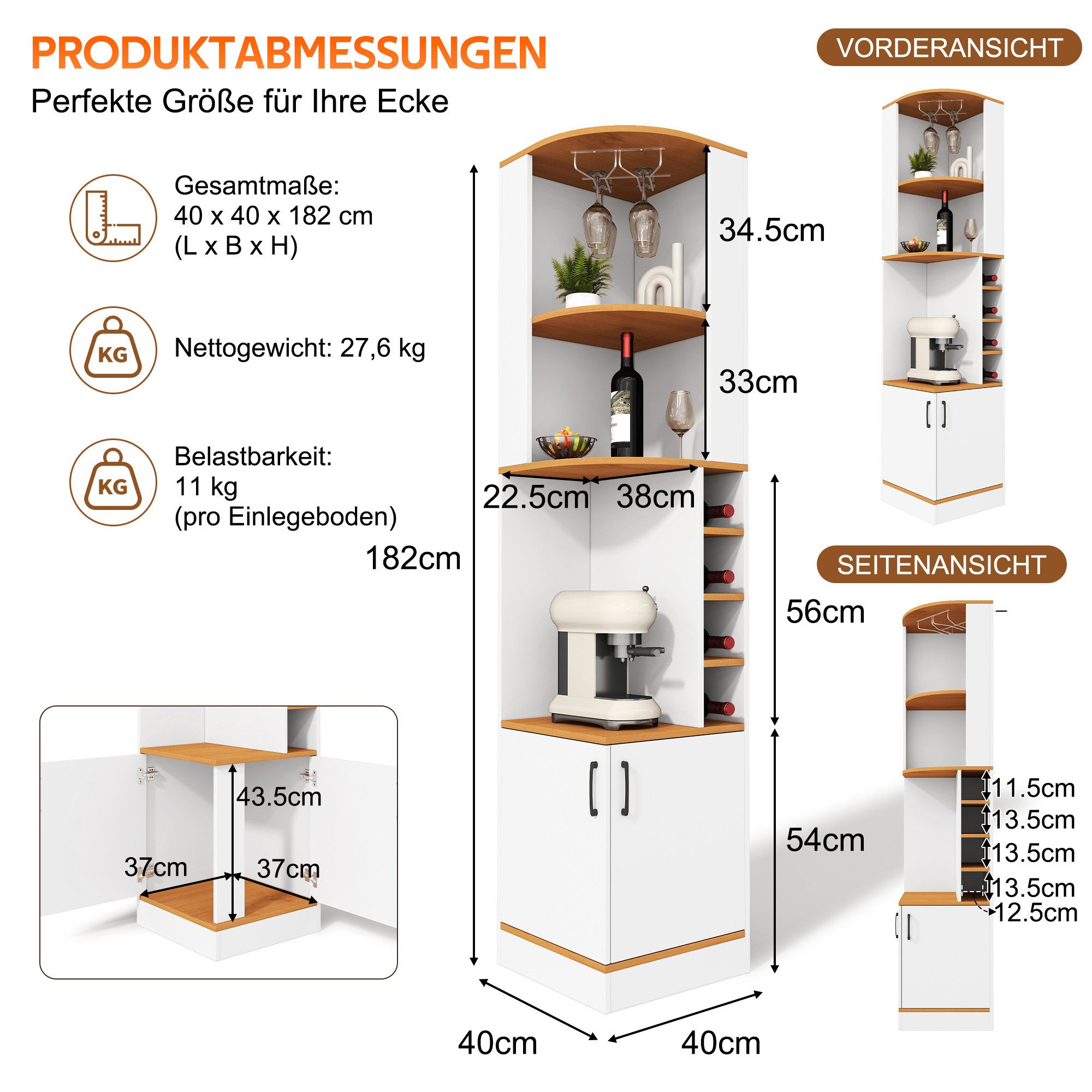 Flieks Eckschrank Hochschrank mit Weinglasregal, Gläserhalter, Ablagen und 2 Türen (40×40×182 cm, 1-St) Mehrzweckschrank Eckregal Küchenschrank Landhausstil Wei – Bild 5 von 5