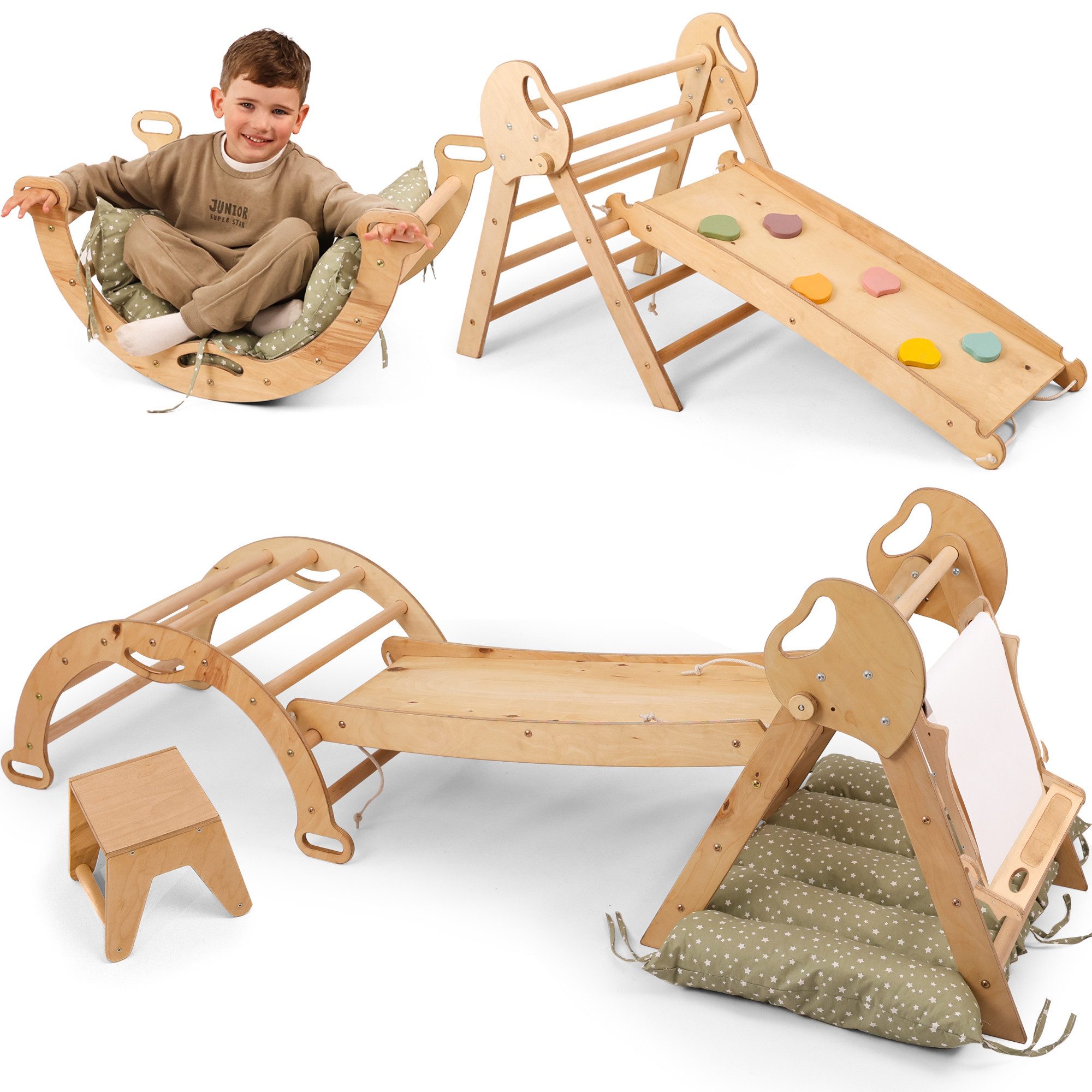 Goodevas Klettergerüst 5-in-1 Montessori Holz-Kletter-Set 5in1 für Kleinkinder 1-3 Jahre alt, (6-St., Montessori Holz-Kletter-Set 5in1 & Kunst-Set)