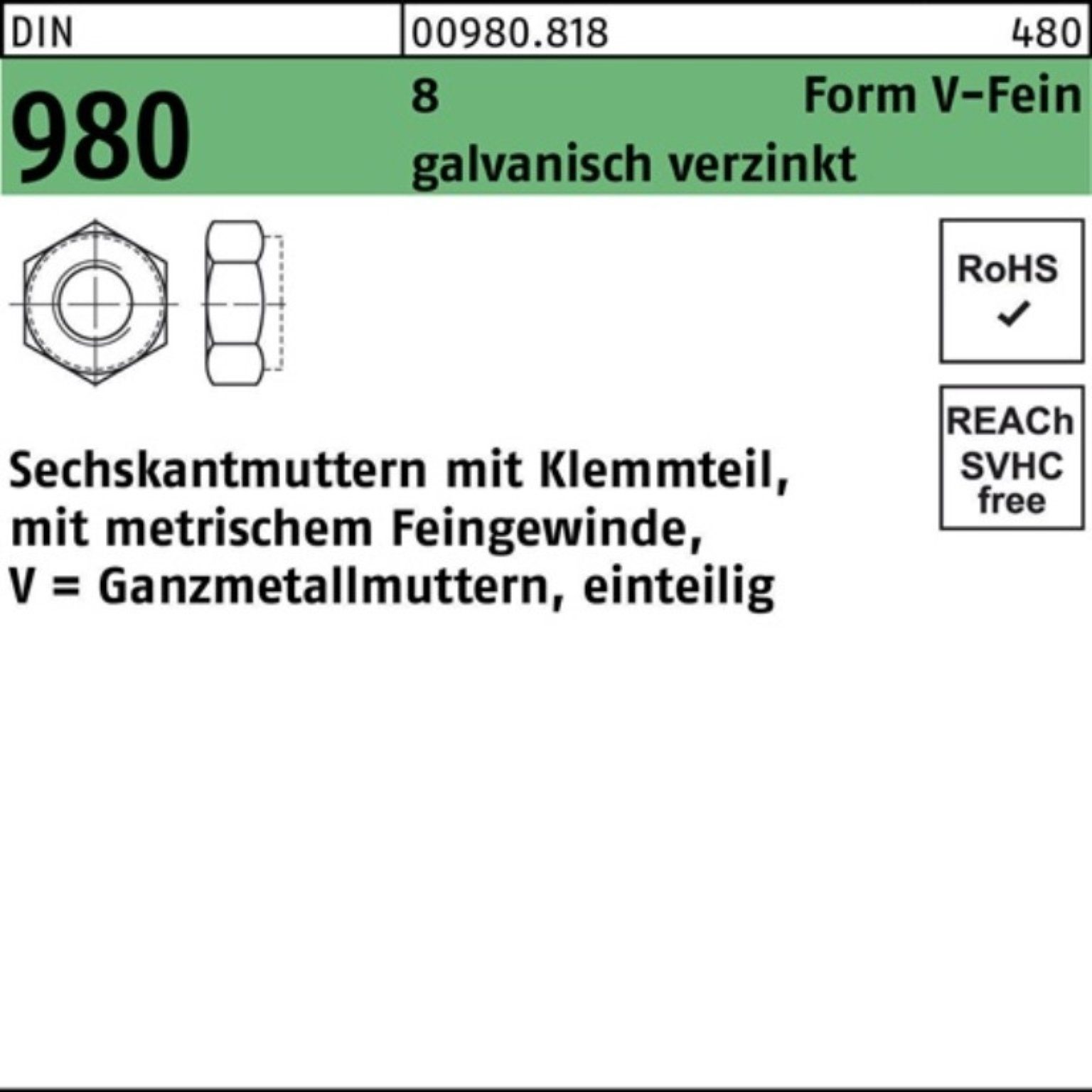 Reyher Muttern 100er Pack Sechskantmutter DIN 980 Klemmteil VM 18x 1,5 8 galv.verz. 5