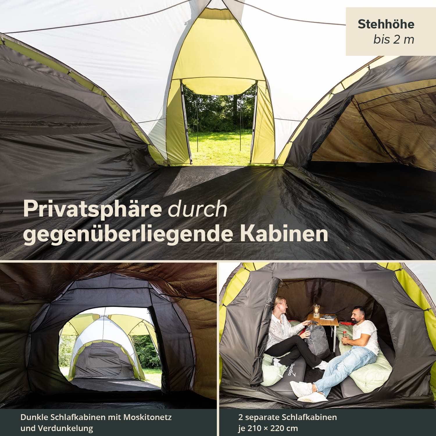 Skandika Kuppelzelt Hammerfest 6 Campingzelt, Familienzelt, wasserdicht, 2 Schlafkabinen, Personen: 6, 2m Stehhöhe, Moskitonetz, Loser Zeltboden, 3000mm Wassersäule Festival
