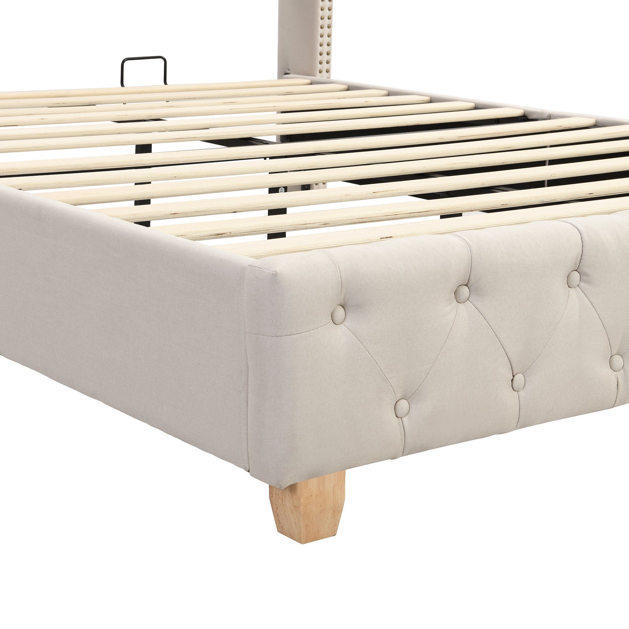 Polsterbett (Doppelbett 140x190cm), mit Lattenrost und Kopfteil in Knopfsteppung, Nietenpolsterung, Leinen