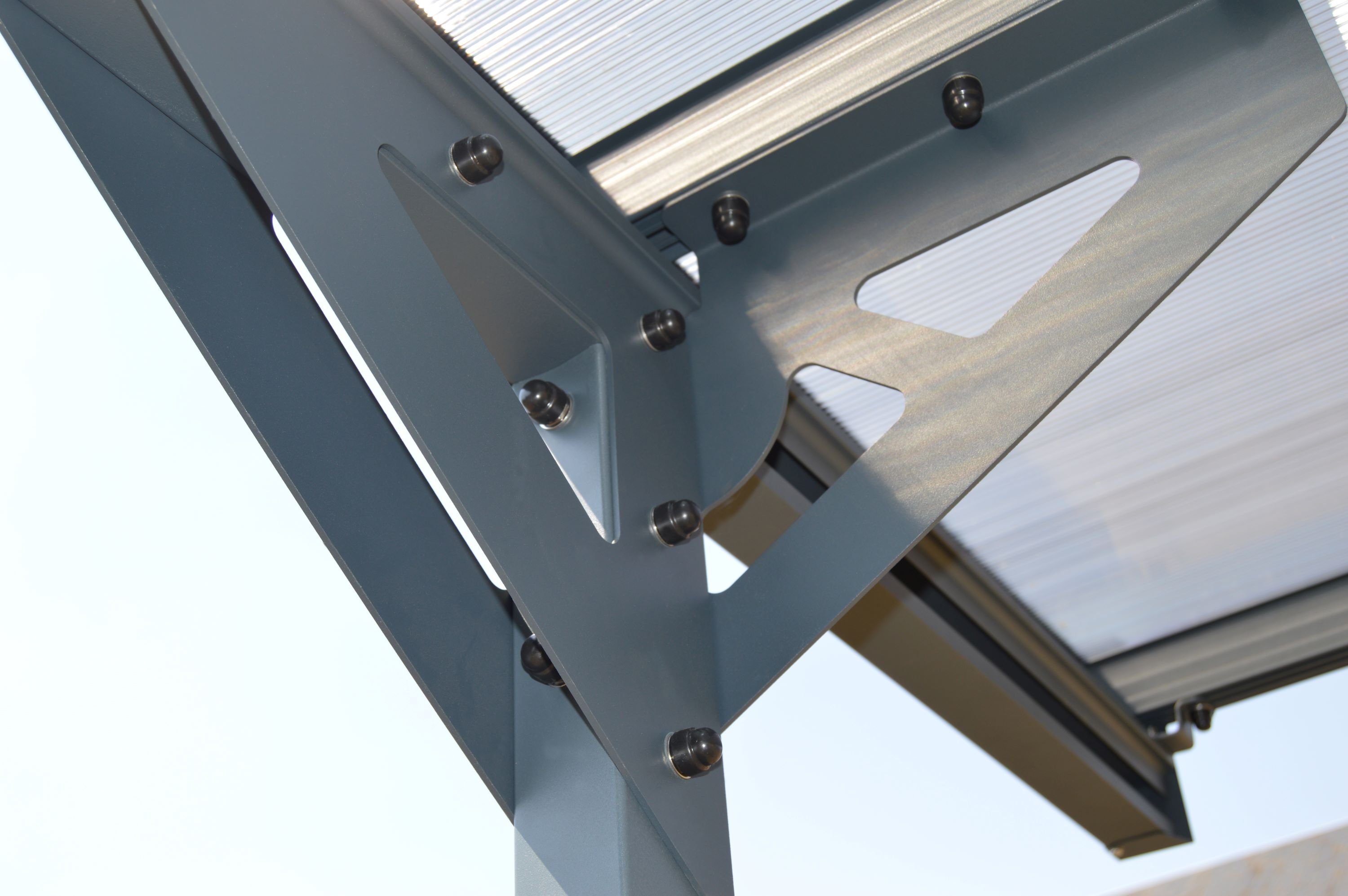Trigano Einzelcarport getöntem Aluminium, Polycarbonat, mit Carport Einfahrtshöhe, 14.8 m2, Dach Mistral Dachrinnen Einseitig geneigtes cm aus 2,17 aus