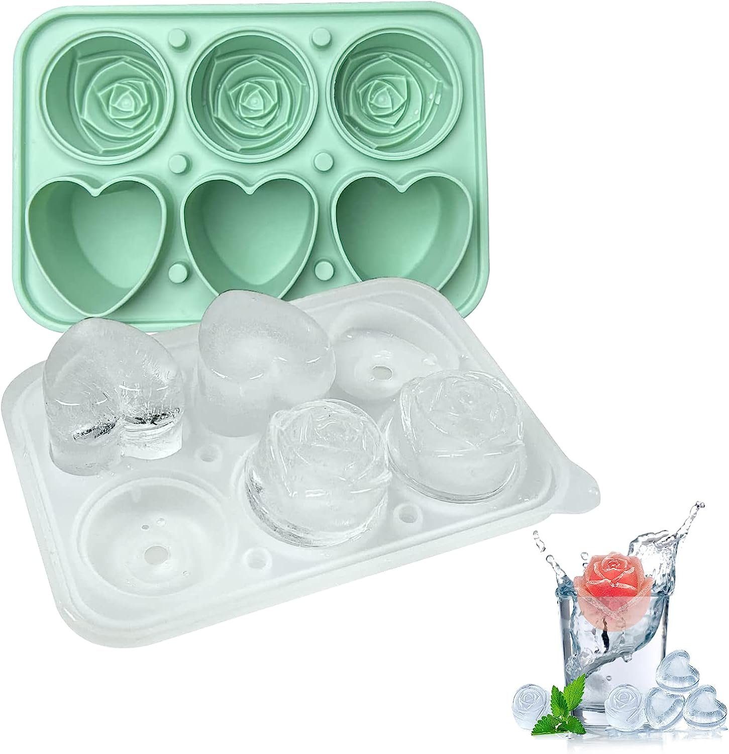 mit Silikon Eiskugelform, vielseitiger SCOKIT Deckel, BPA-frei, Eiswürfelform Grün Eiswürfelbehälter, Herzen, Eiswürfelform