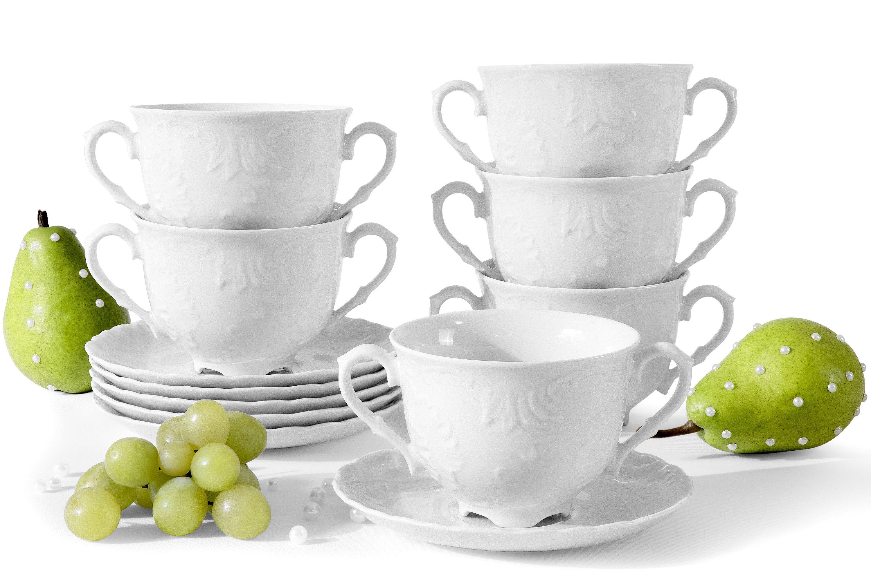 KONSIMO® Suppenschüssel CMIELOW ROCOCO Suppenschale mit Untertasse, Porzellan, (12-tlg), Hochwertiges Premium-Porzellan, mit eleganten Verzierungen