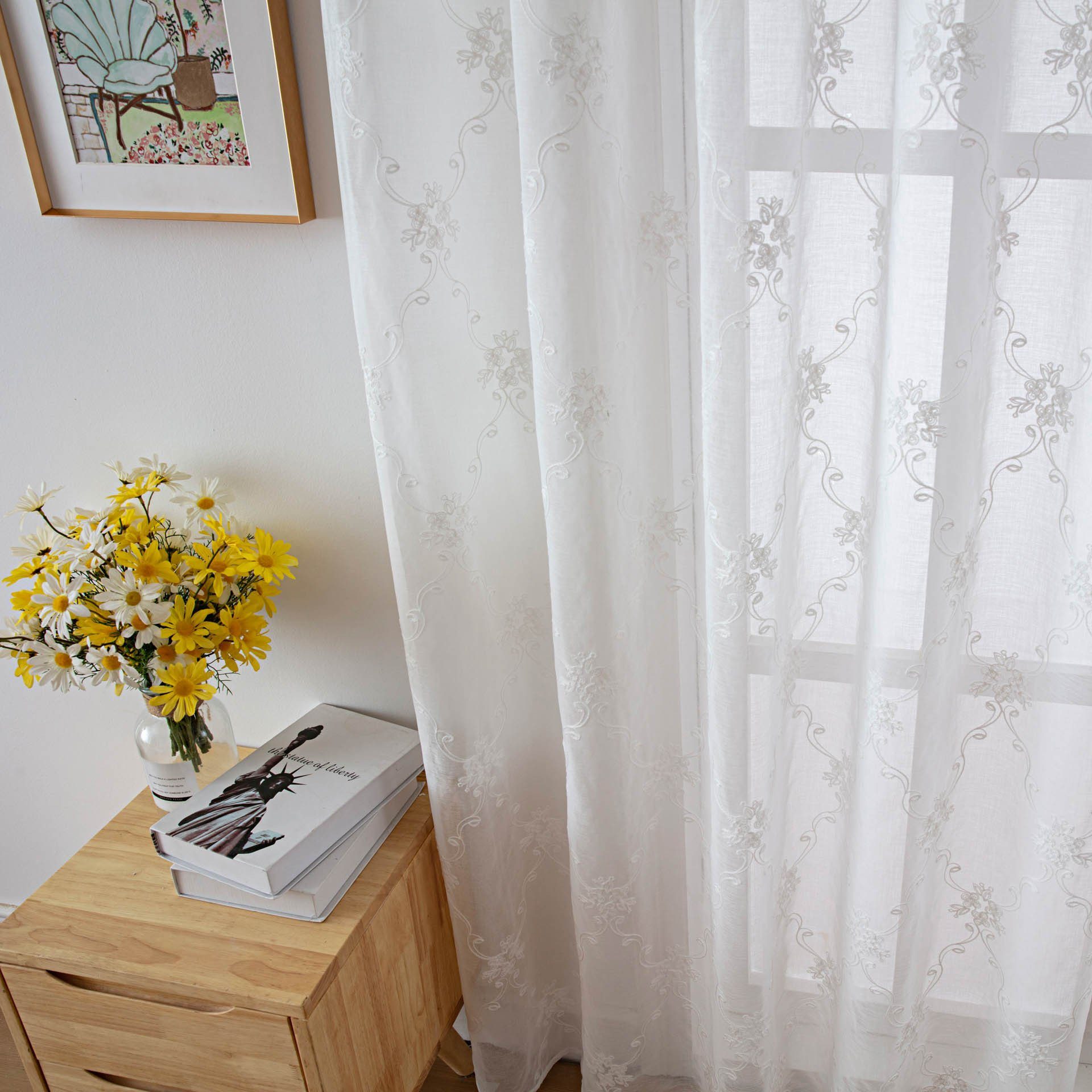 Vorhang mit Gardinenschals, Stickerei, Ösen, Blumen Voile aus GelldG Gardine Vorhänge