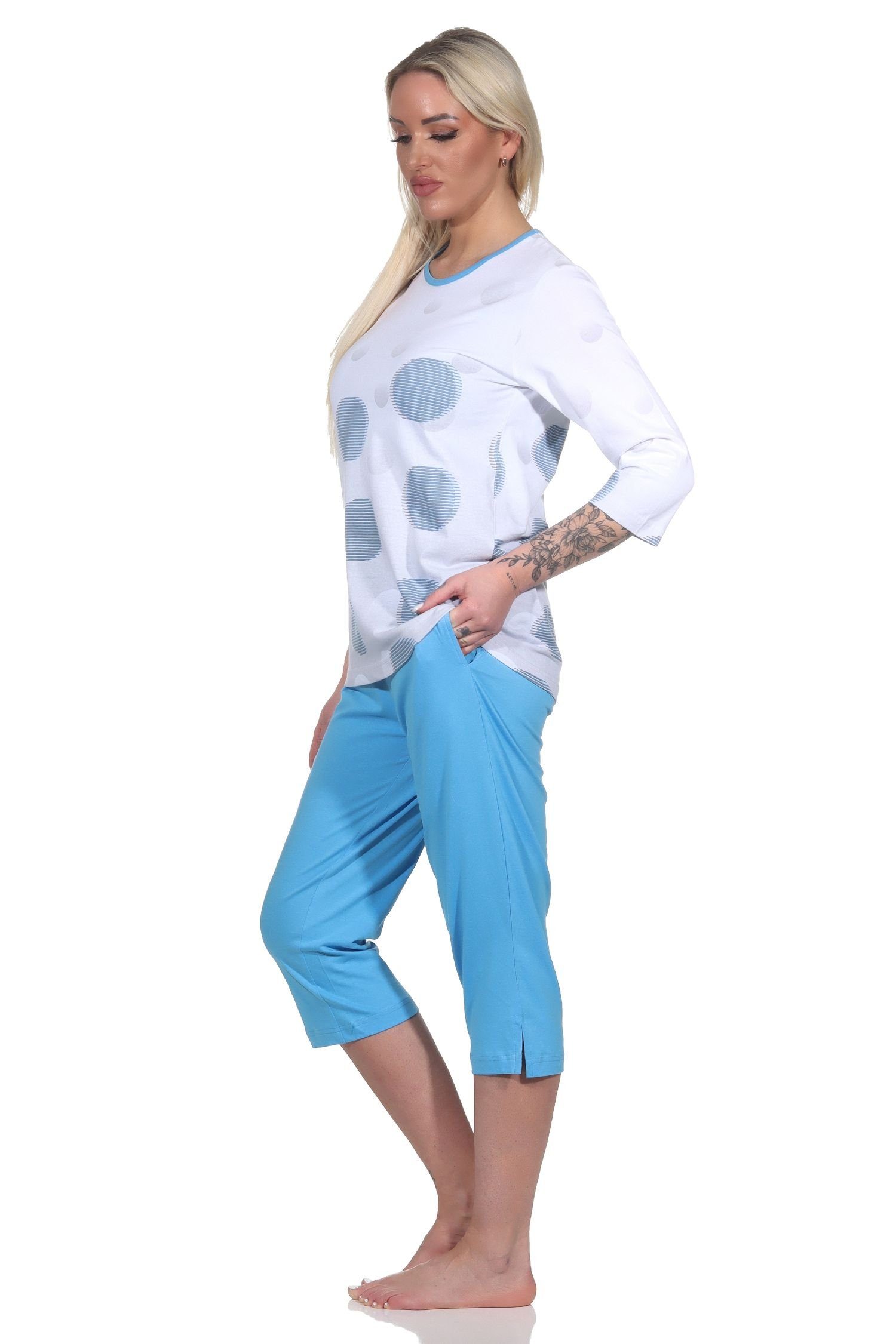 Tupfen Pyjama Capri - in kurzarm Damen Normann in Schlafanzug Optik blau Übergrößen auch