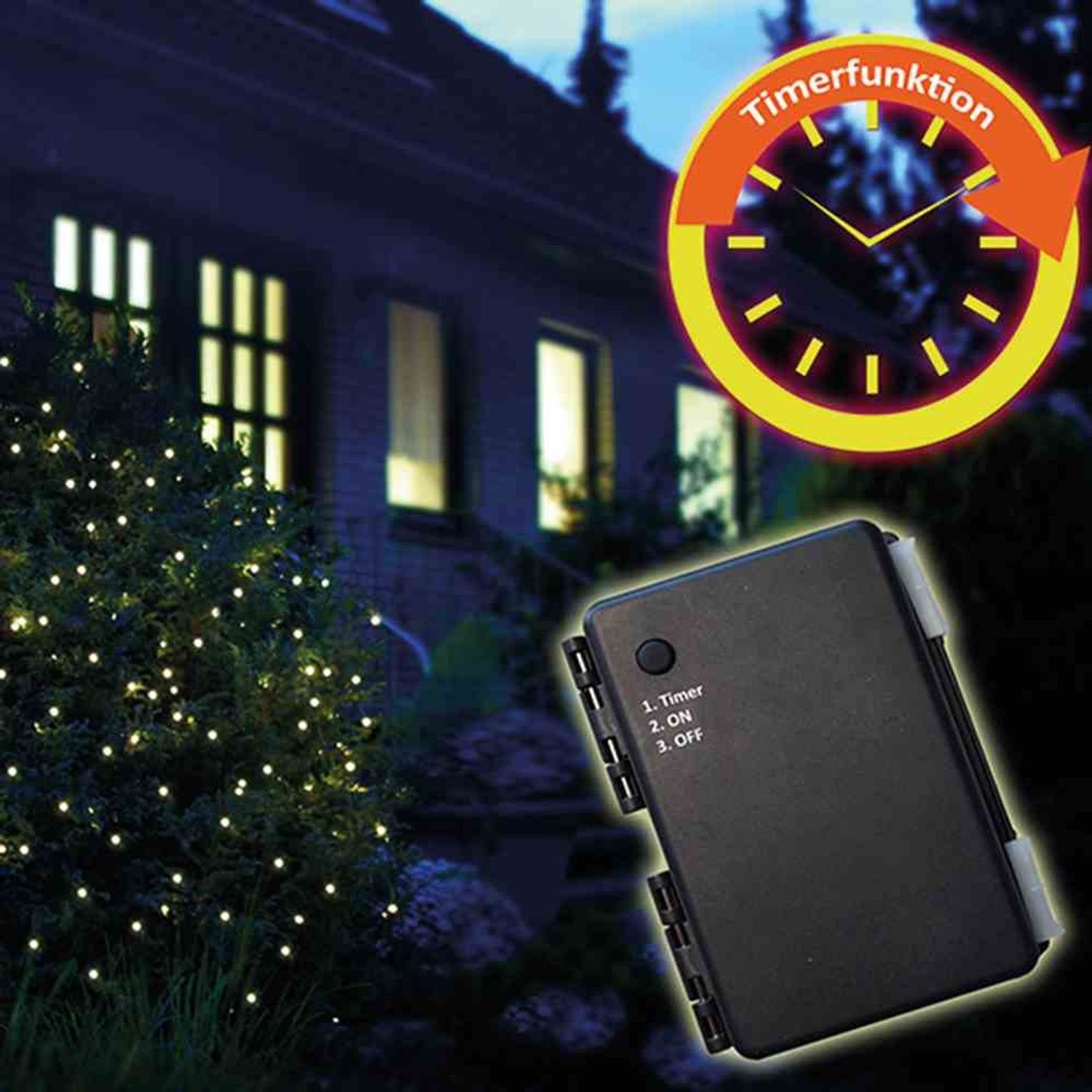 + Lichterkette Timer Lichterkette außen FHS LED-Batterie-Netz 160er 2x2m Außenbele 3xAA