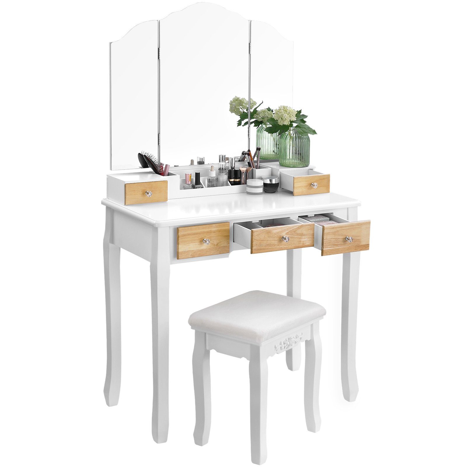 VASAGLE Schminktisch, Frisiertisch mit Klappspiegel und 5 Schubladen, Hocker. € 145,99