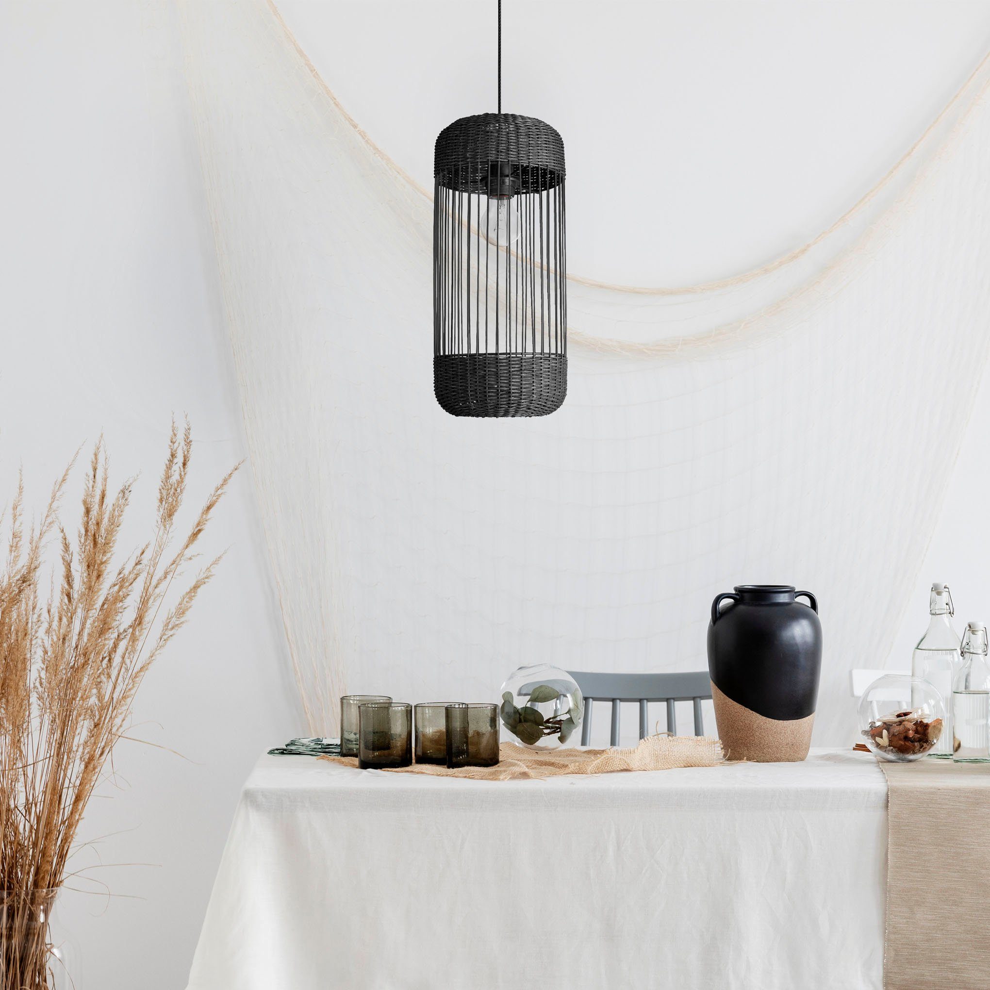 Paco Home Pendelleuchte PUSTA, ohne Leuchtmittel, Rattan Esszimmer Lampe Pendelleuchte Boho Zylinder Rustikal E27