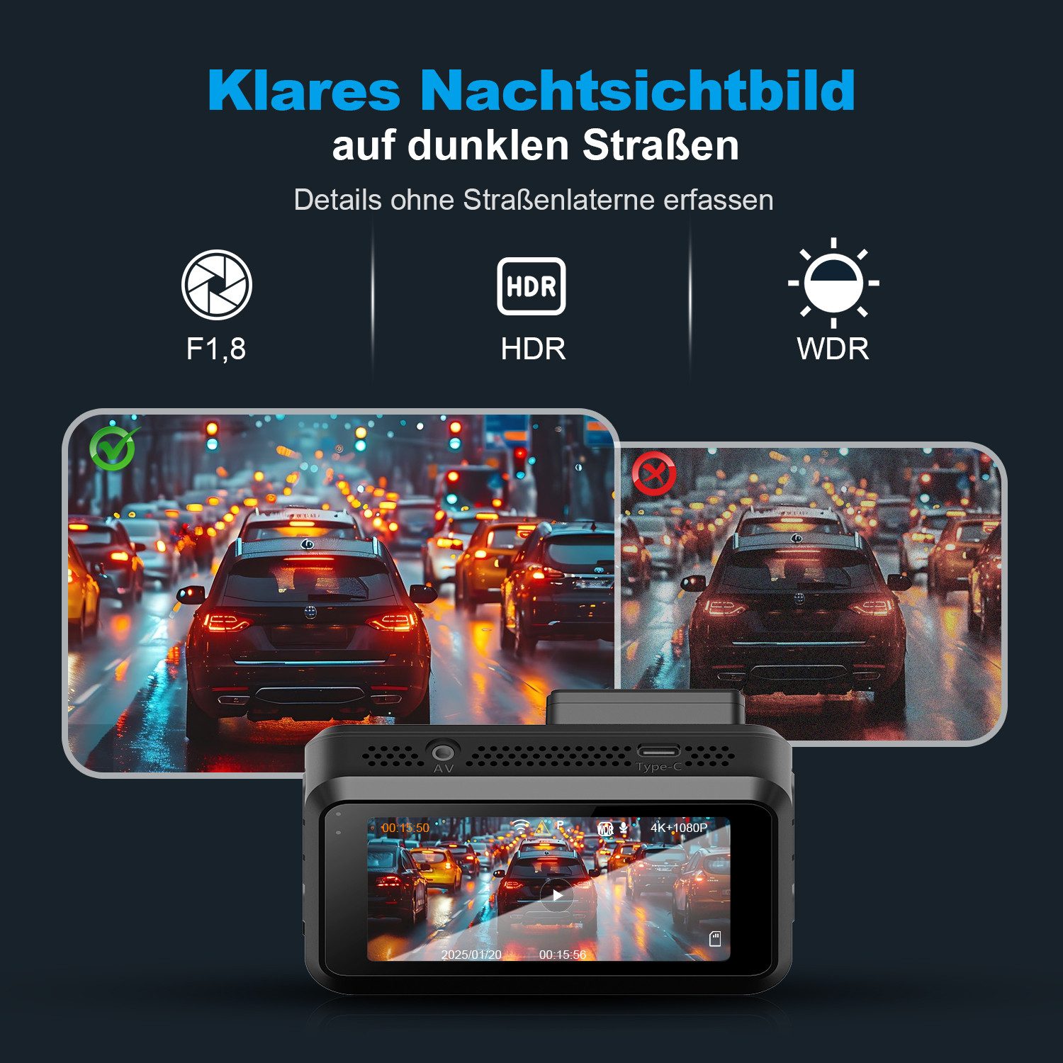 CkeyiN Dashcam Auto 4K 1080P 2-Kanal 170° Weitwinkel mit 32GB TF-Karte WDR Dashcam (4K Ultra HD, 3'' IPS-Bildschirm, mit Nachtsicht, G-Sensor, Loop-Aufnahme Wif – Bild 5 von 5