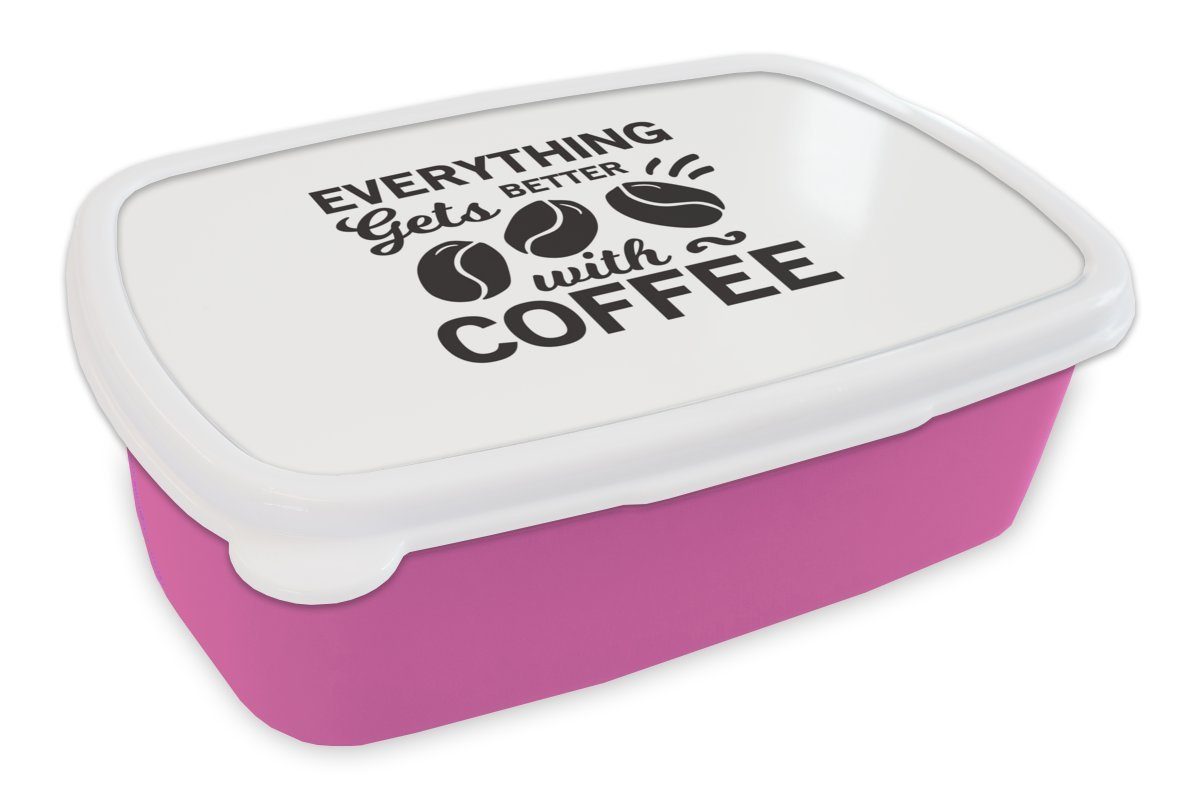 MuchoWow Lunchbox Mit Kaffee wird alles besser - Zitate - Kaffee - Sprichwörter, Kunststoff, (2-tlg), Brotbox für Erwachsene, Brotdose Kinder, Snackbox, Mädchen, Kunststoff rosa