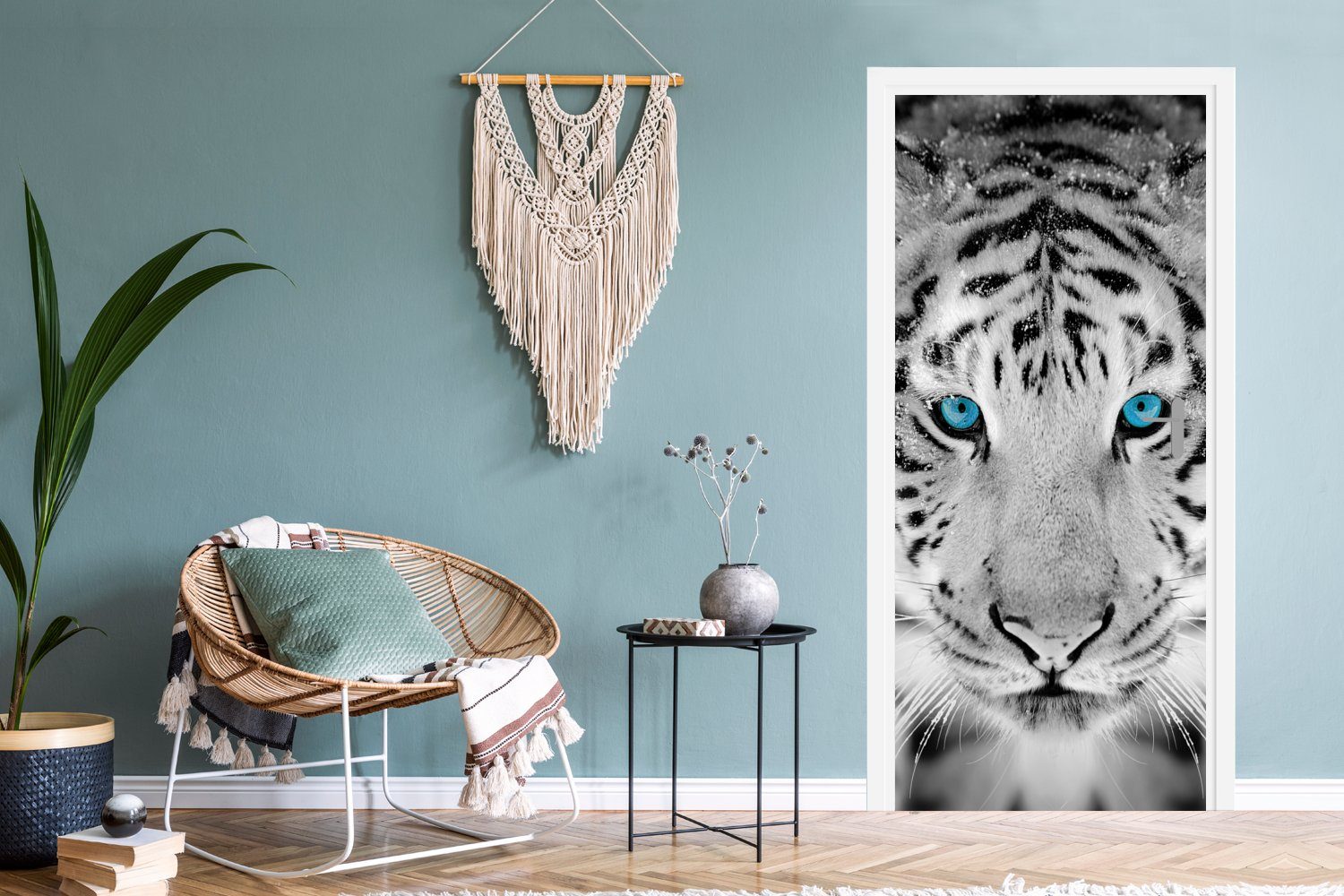 Tiere St), - Türaufkleber, Fototapete Matt, Türtapete - cm und Augen - Schwarz (1 weiß, 75x205 - Tiger bedruckt, Blau Tür, MuchoWow für