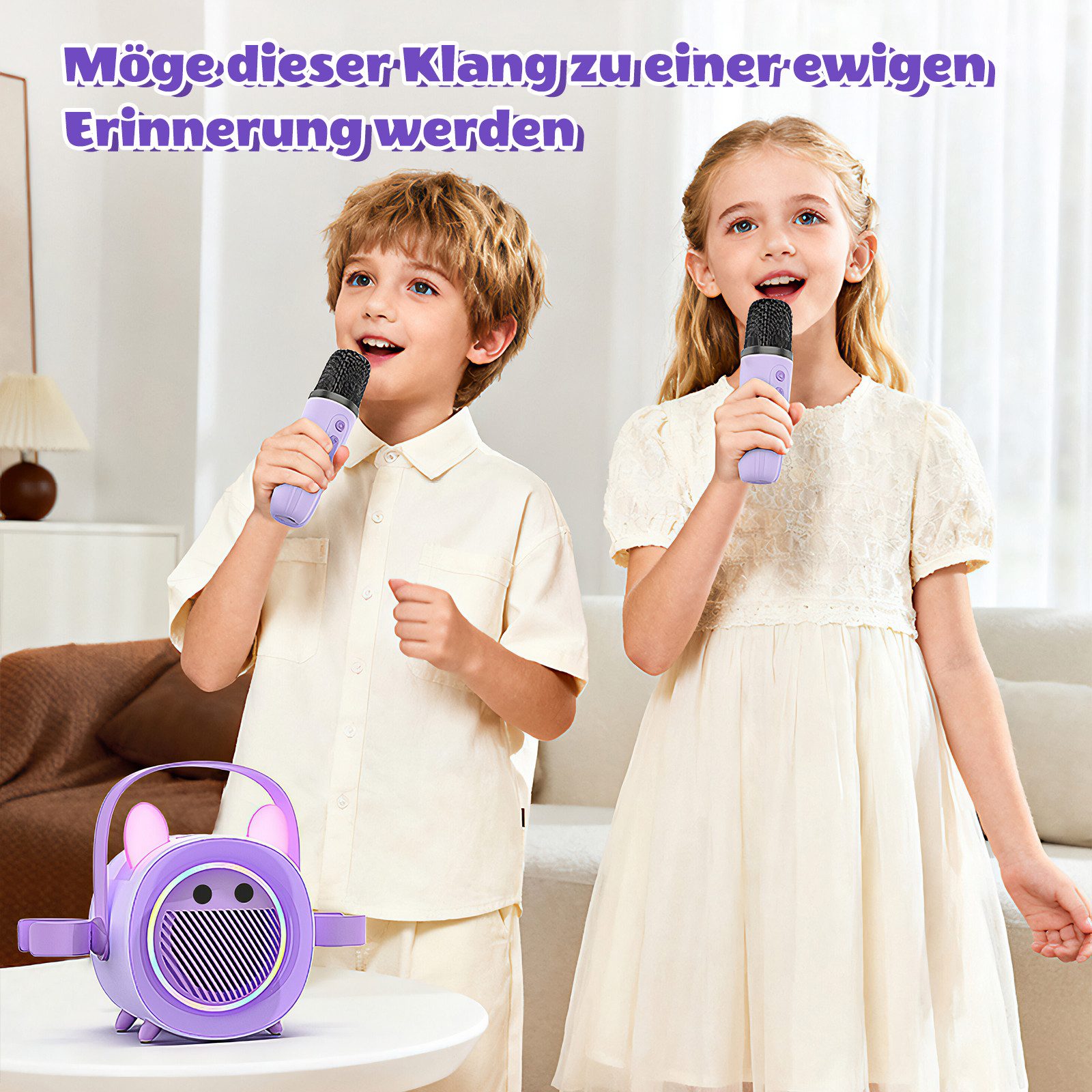 BBG Karaoke Box für Kinder mit 2 kabellosen Mikrofonen Karaoke-Maschine (5 W, Tragbar mit Bluetooth, Licht & Stimmeneffekten, Aufnahme)