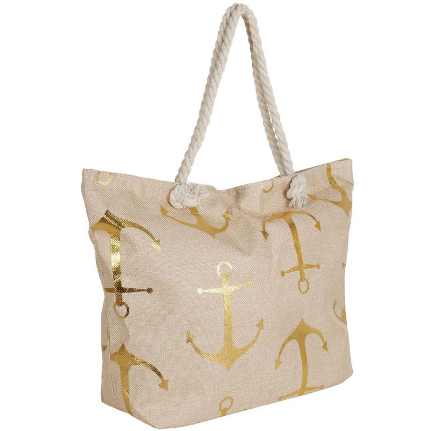 KARMA Strandtasche Damen Beige Gold Muscheln od. Anker 59 cm Badetasche (Tasche für Strand, Urlaub, Pool, See, 1-tlg., Sommer, Freizeit, Shopper), mit Reißverschluss Polyester Innentasche
