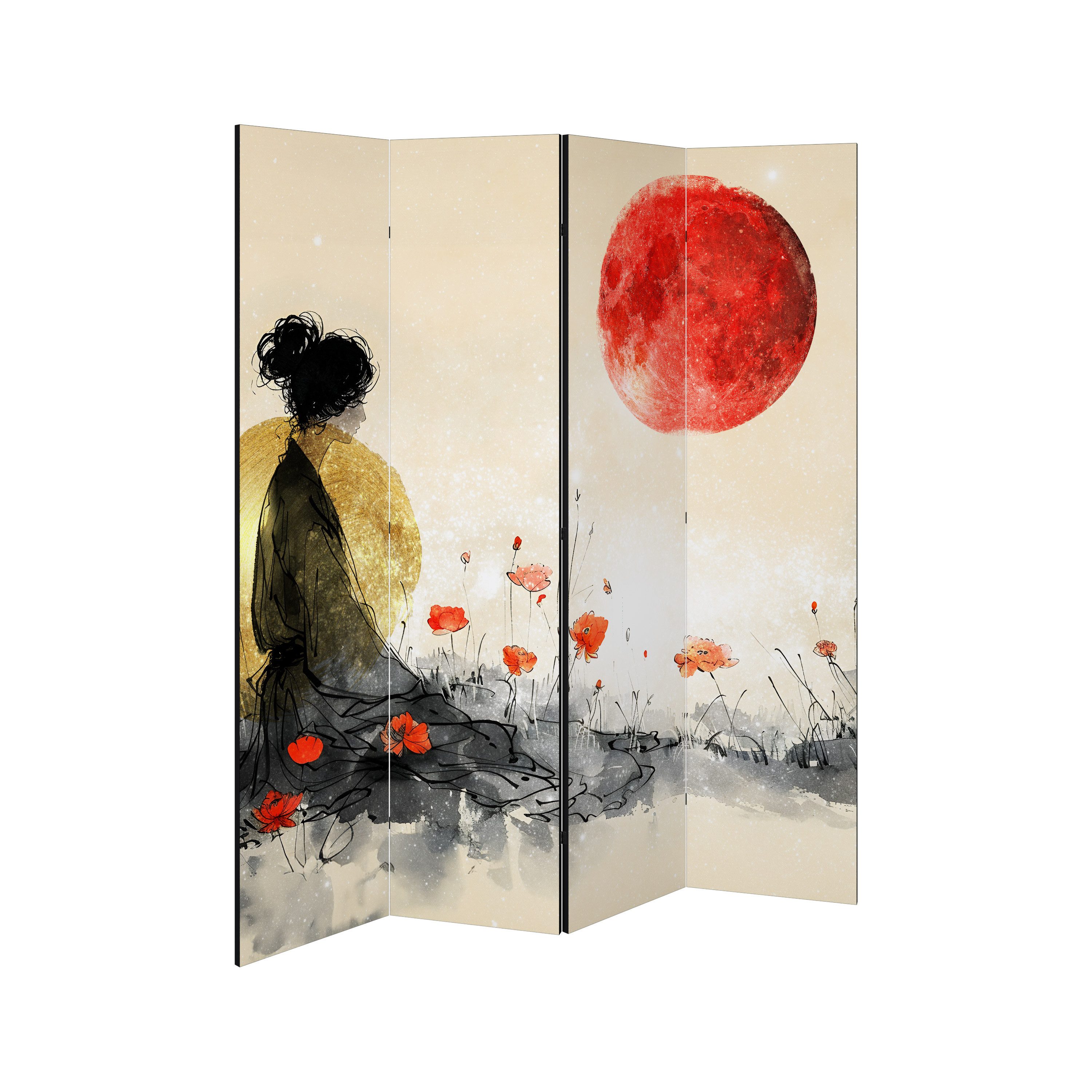 SPACEREBELS Paravent GOLDEN GLOW MEDITATION (4 St), Raumteiler mit 4 Paneelen, einseitig bedruckt, 152 x 168 cm