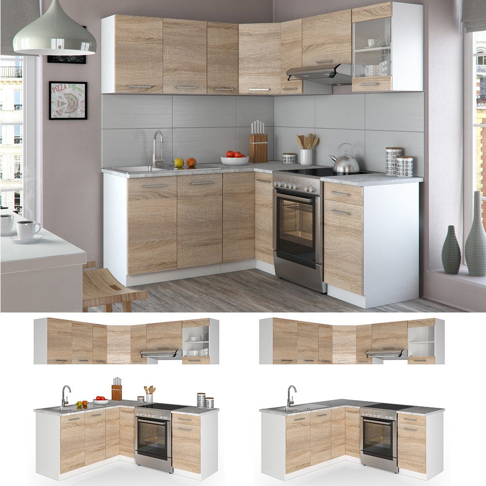 Cuisine d'angle Vicco Rick, blanc/Sonoma, 187 x 167 cm, plan de travail en marbre