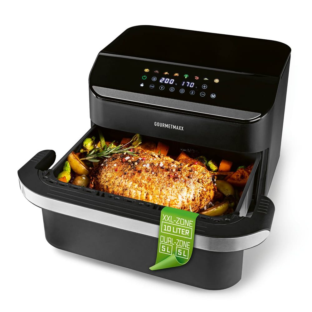 GOURMETmaxx Heißluftfritteuse Vario-Kammer-Heißluftfritteuse, 10 l (2 x 5) - Color-Touchscreen & 8 Programme, 2400 W, GOURMETmaxx Vario-Kammer-Heißluftfritteuse 10 Liter // 2 x 5 Liter