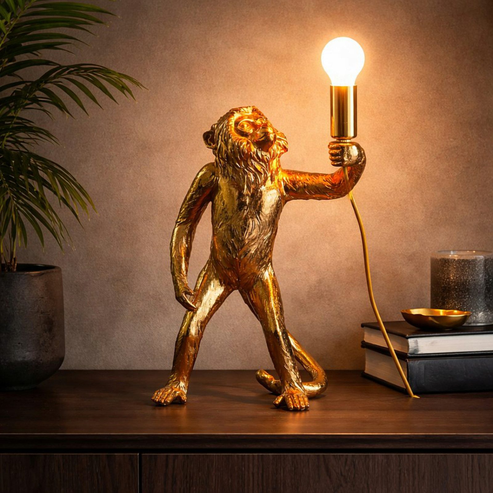 Koopman Nachttischlampe Schreibtischlampe Tischlampe Lampe Affe 45cm E14, Goldfarbend, Außergewöhnlich, Standsicher, Desgin, Tierdesign