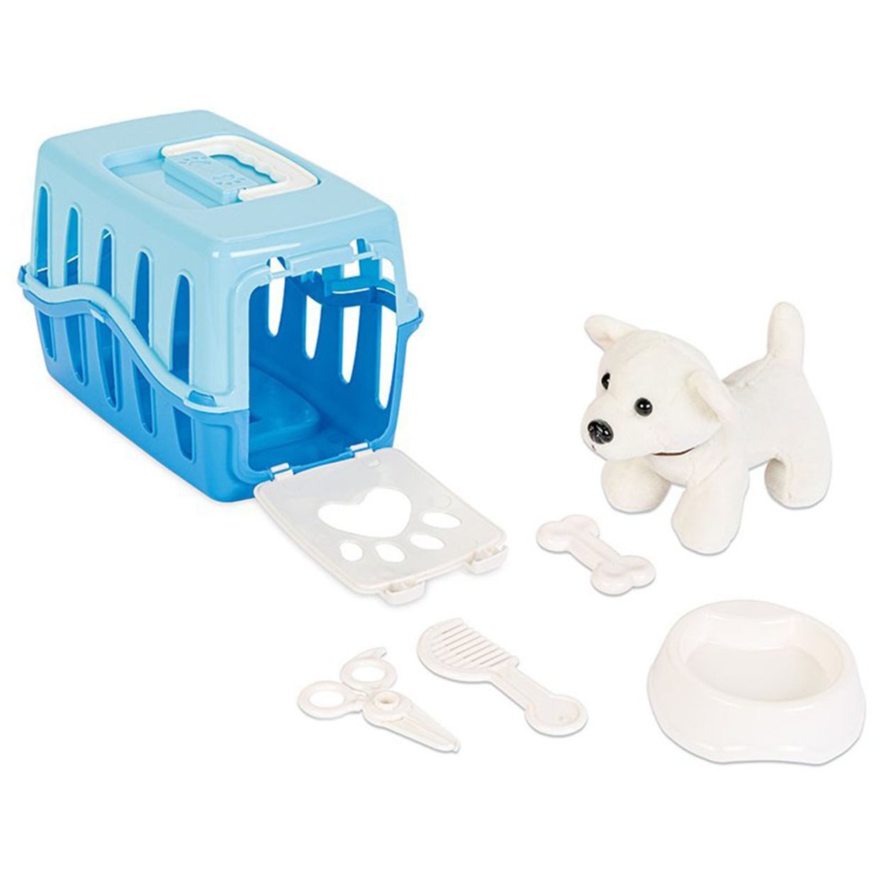Pilsan Kuscheltier Haustier-Spielset 03358, 6-teilig, Plüschhund, Tragekäfig, Futternapf, Kamm, Schere, Knochen