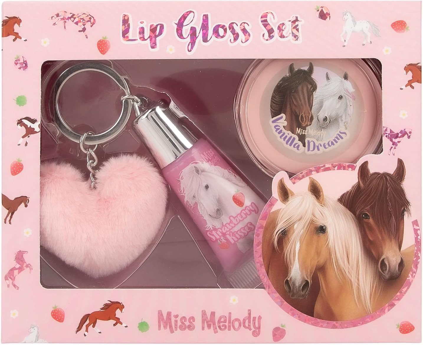Depesche Schmuckset Miss Melody Lipgloss Set im Pferde Design für Kinder, 2 Glosse, Fruchtige Düfte, inkl. Plüsch Anhänger, Pink