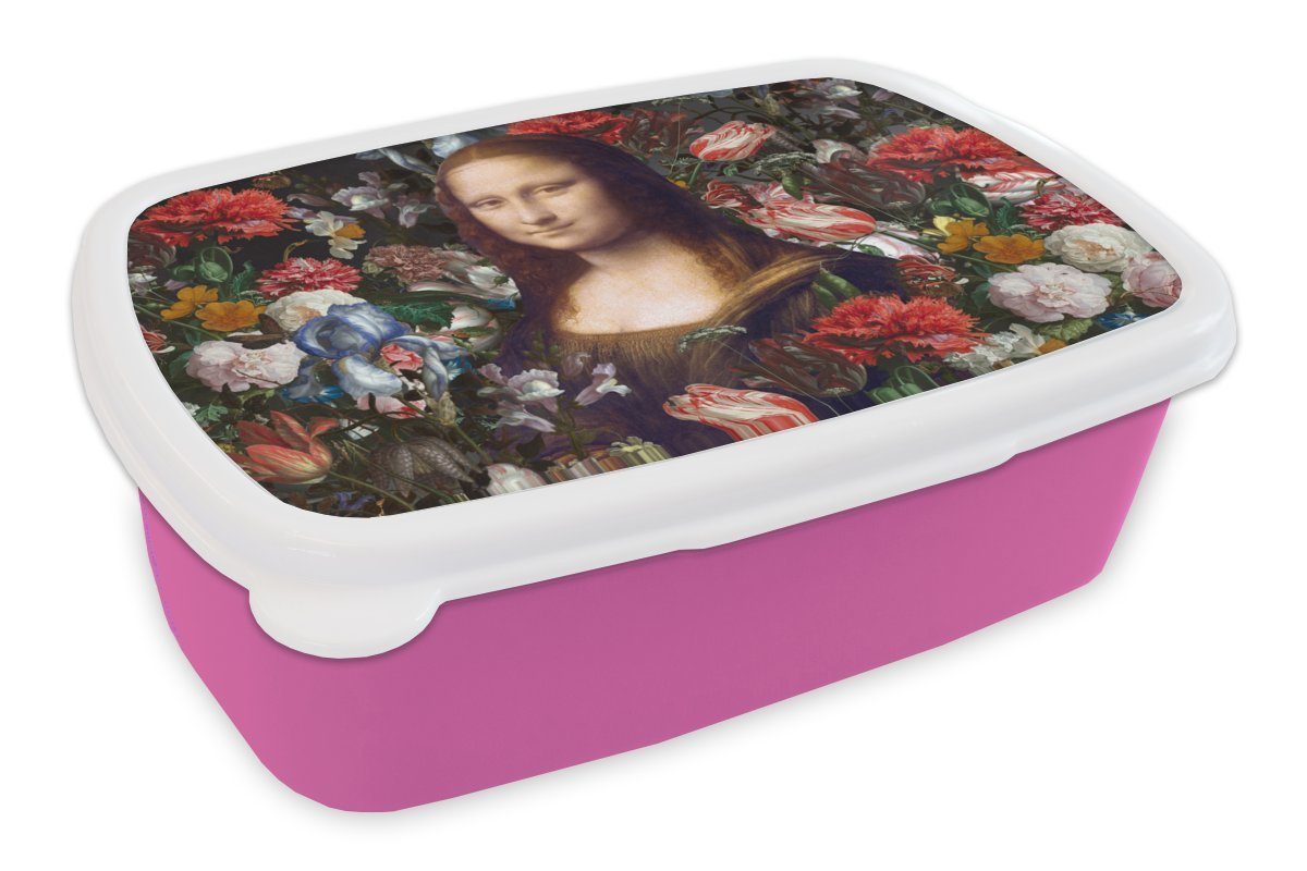 MuchoWow Lunchbox Mona Lisa - Leonardo da Vinci - Blumen, Kunststoff, (2-tlg), Brotbox für Erwachsene, Brotdose Kinder, Snackbox, Mädchen, Kunststoff rosa