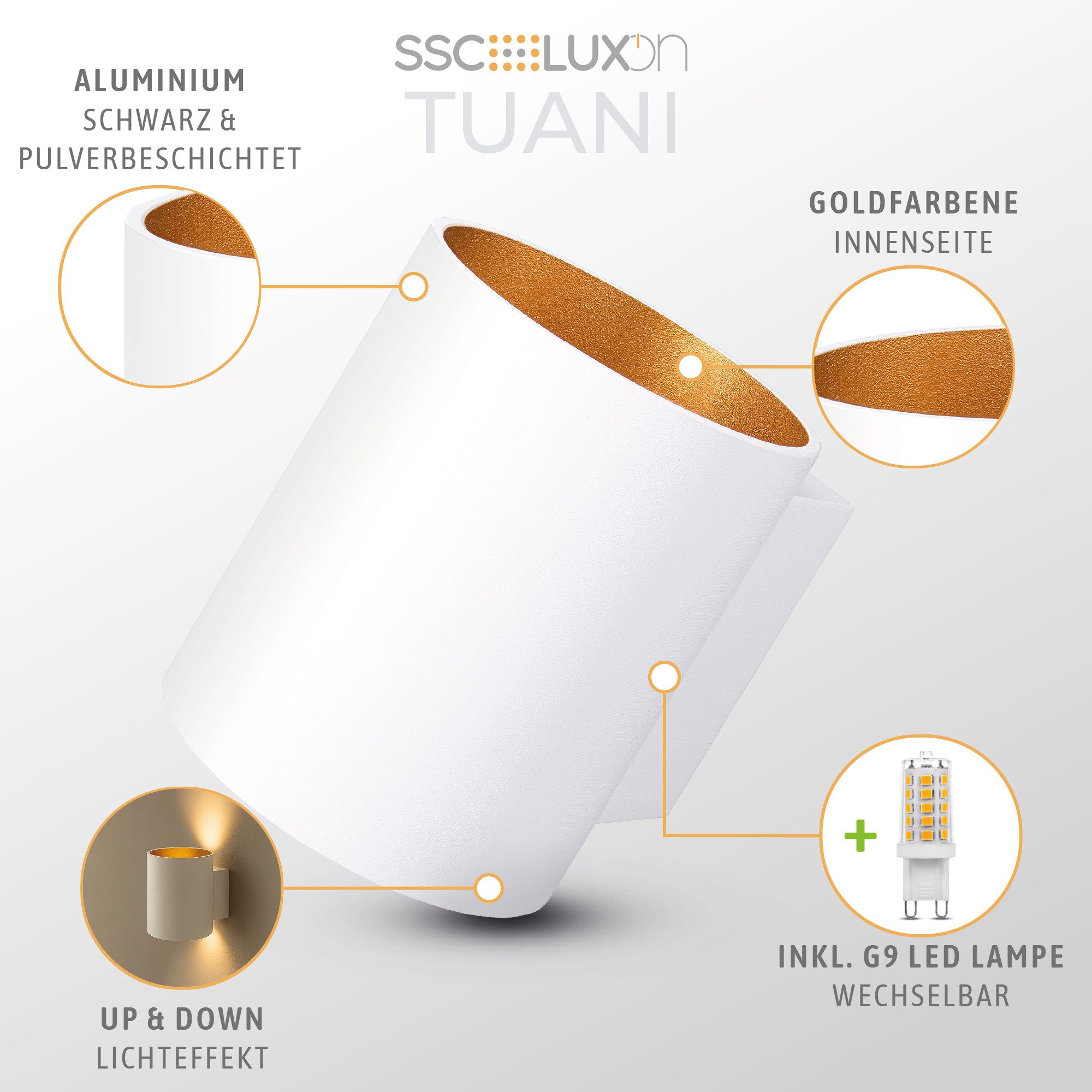 SSC-LUXon LED Wandleuchte Wandlampe TUANI Wandstrahler weiß mit LED G9 Lampe dimmbar 3W warmweiß, Warmweiß