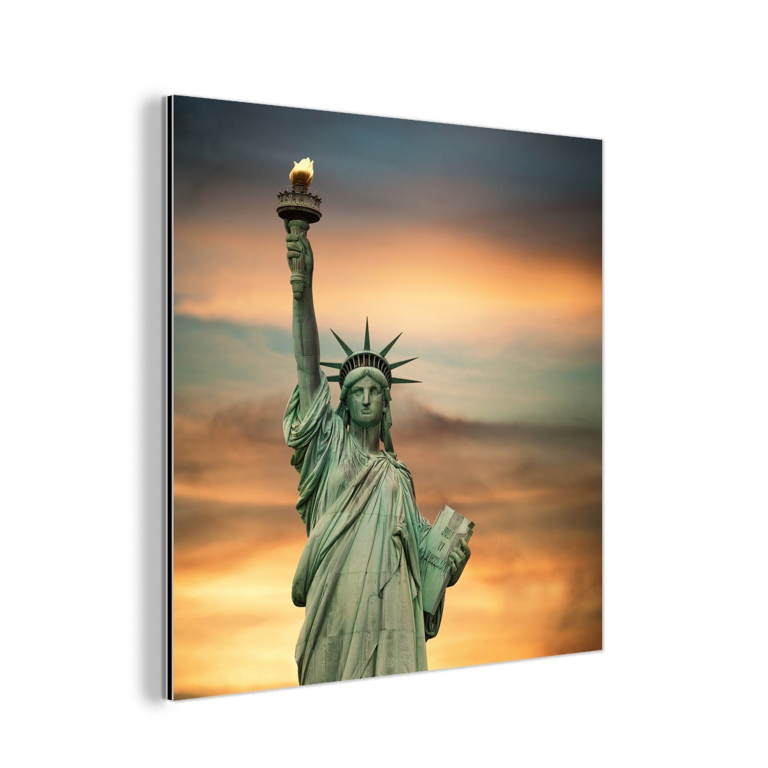 MuchoWow Metallbild New York - Freiheitsstatue - Sonnenuntergang, (1 St), Alu-Dibond-Druck, Gemälde aus Metall, Aluminium deko