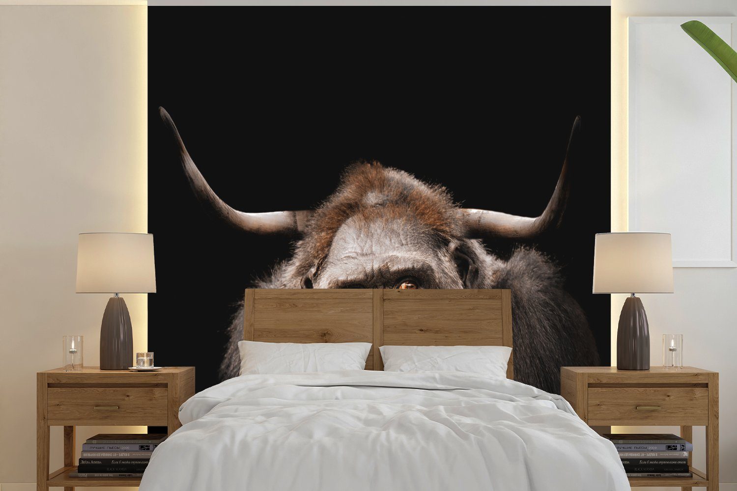 Schlafzimmer Matt, Fototapete - Küche, St), (4 Highlander, Fototapete MuchoWow bedruckt, Schottischer Vliestapete Gorilla - Affe Wohnzimmer für