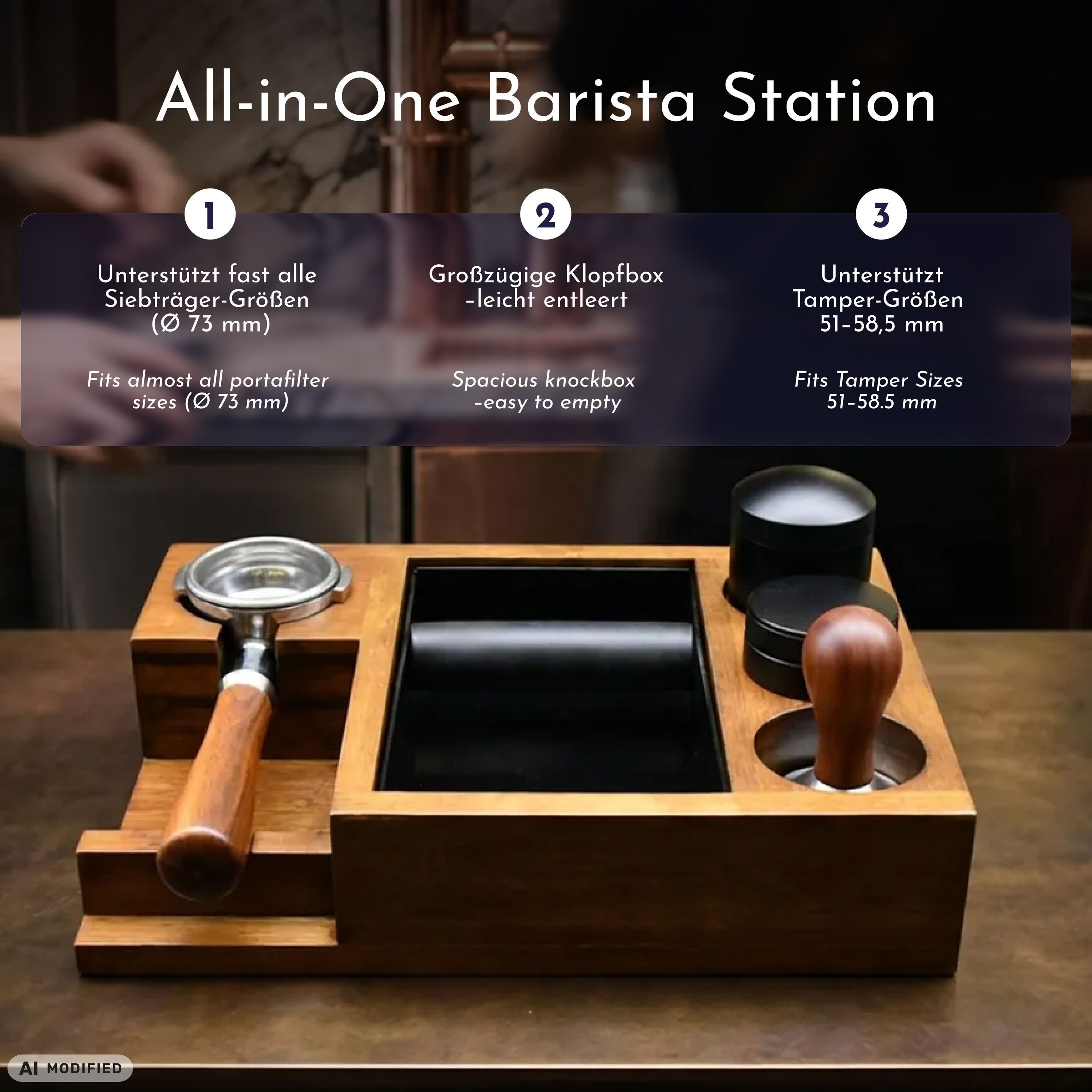 WONDERMAKE Tamperstation mit Knock-Box Siebträger 51–58,5 mm, Moso-Bambus mit Walnuss-Finish, Espresso Kaffee Organizer mit Ablagen für Tamper, Leveler, Puck Sc – Bild 4 von 5