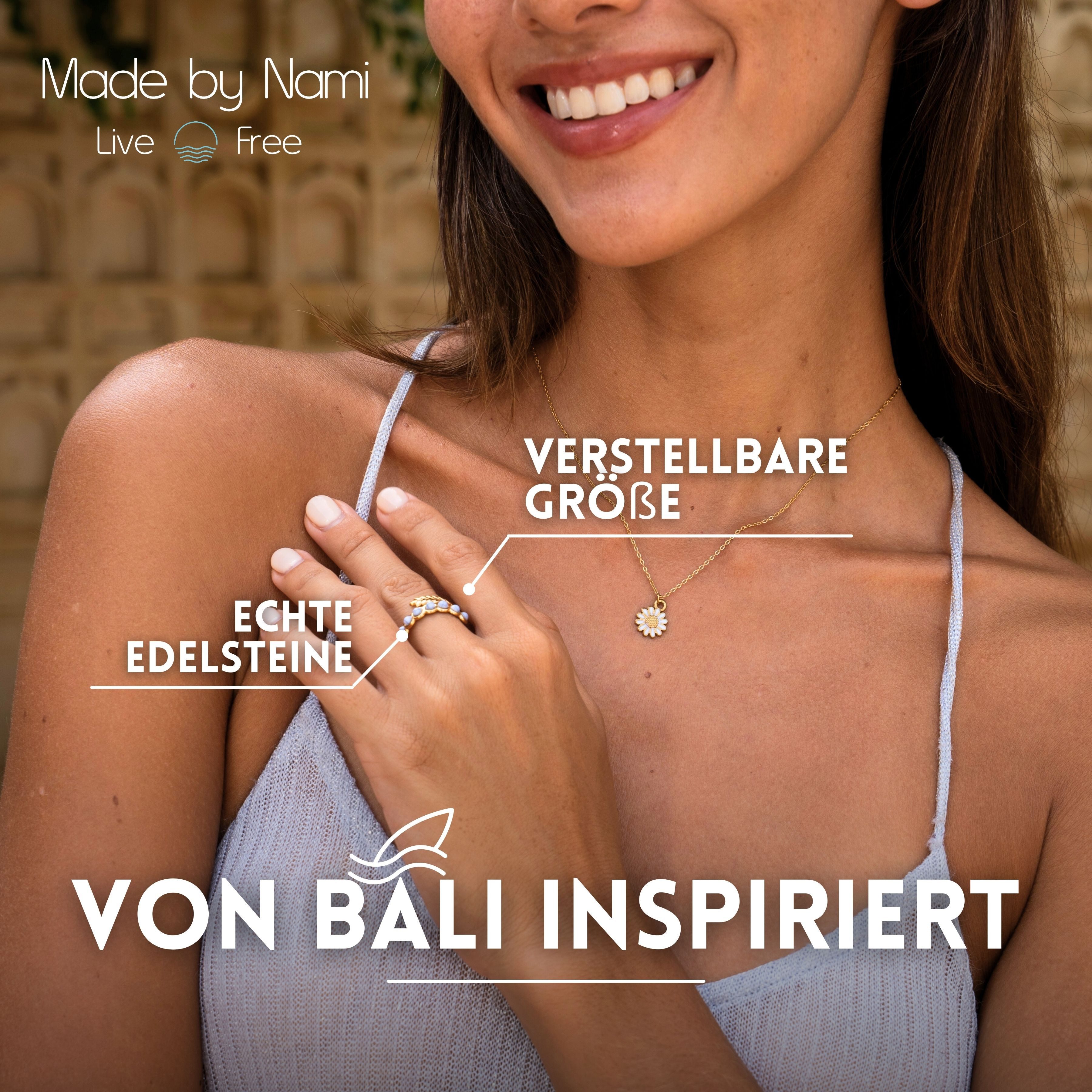 Made by Nami Fingerring Damen Gold aus Chirurgischem Edelstahl Edelstein Feder-Design, Verstellbar Boho Schmuck Wasserfester Schmuck Festival Accessoires