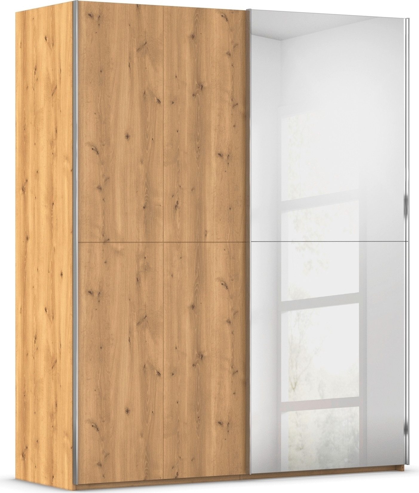 rauch Schwebetürenschrank Kleiderschrank Schrank Garderobe Schlafzimmerschrank SCALE-WOOD edle geteilte Front in massiver Asteiche mit Spiegel MADE IN GERMANY