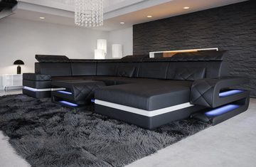 Sofa Dreams Wohnlandschaft Sofa Leder Bologna U Form Ledersofa, Couch, mit LED, wahlweise mit Bettfunktion als Schlafsofa, Designersofa