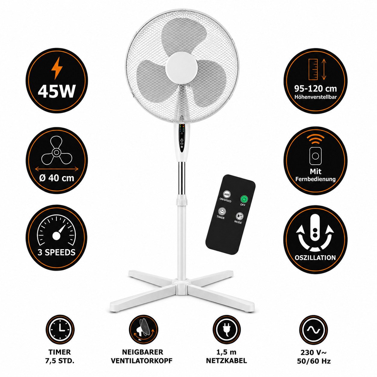 Ertex Standventilator Ventilator Standventilator 45 W, Höhe 125 cm, Fernbedienung + Timer 4