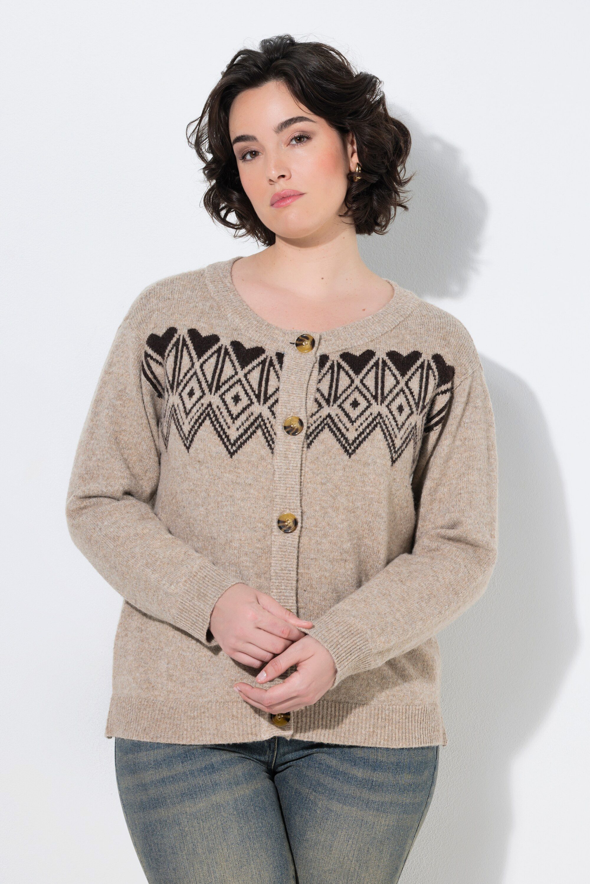 Ulla Popken Strickjacke Strickjacke Norwegermuster Rundhals Langarm