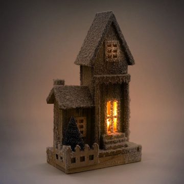 ECD Germany Weihnachtsdorf Dekorative Holz-Weihnachtshaus Deko Holzhaus Winterhaus Weihnachtsdeko, LED-Beleuchtung Warmweiß 21x11x38cm batteriebetrieben mit Timer