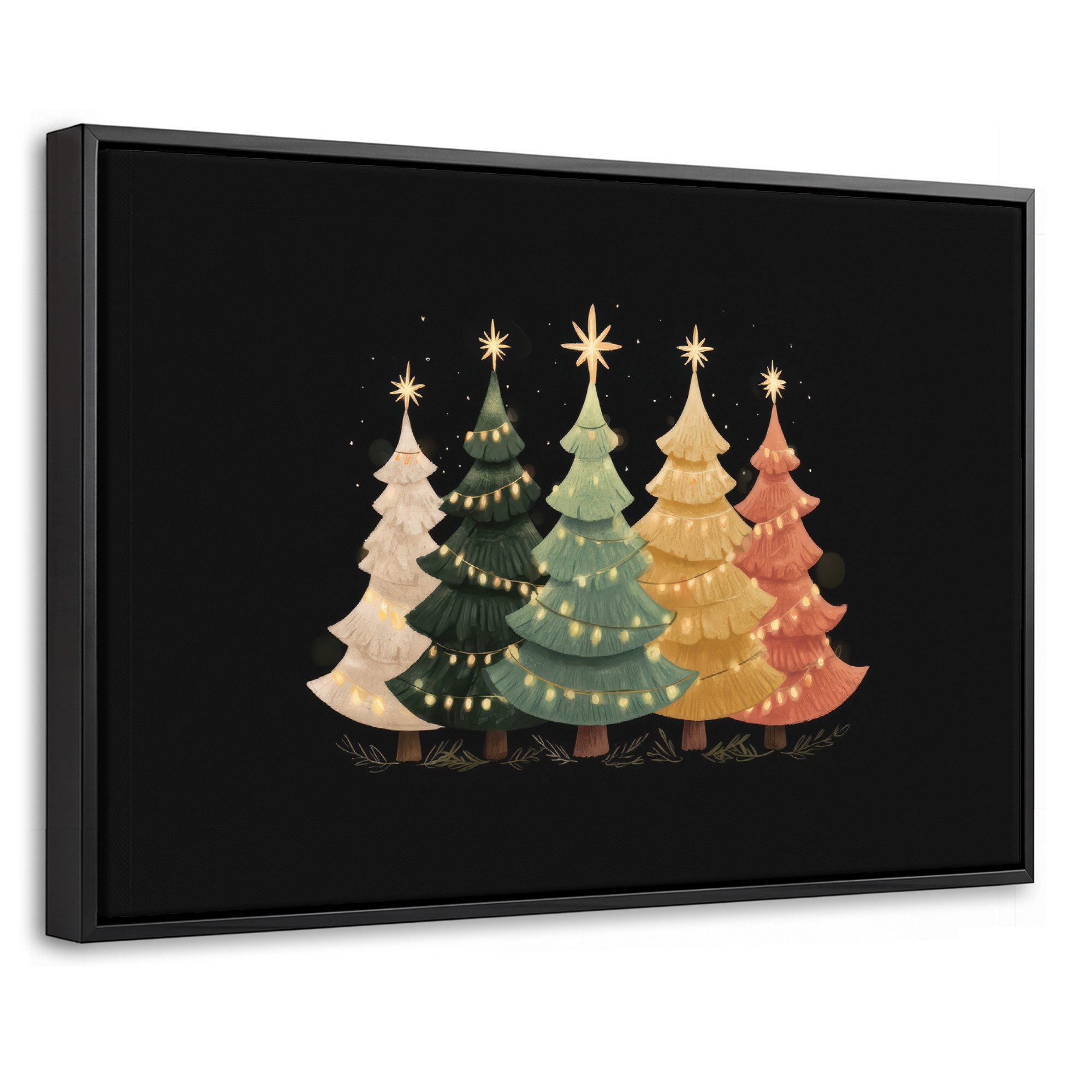 OneMillionCanvasses® Leinwandbild mit Rahmen - Weihnachtsbäume - Bunt - Lichter - Stern, Fotodruck (1 St), Bilder, Zimmer Wand Bild Dekoration 30x20cm