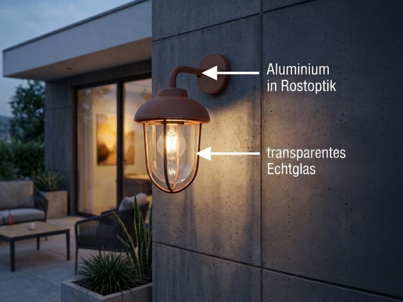 TRIO Leuchten LED Außen-Wandleuchte Aluminium Rostoptik & Glas, Höhe 33cm, LED wechselbar, warmweiß, Haus-Wand Außenleuchte zur Fassadenbeleuchtung inkl. E27 LED