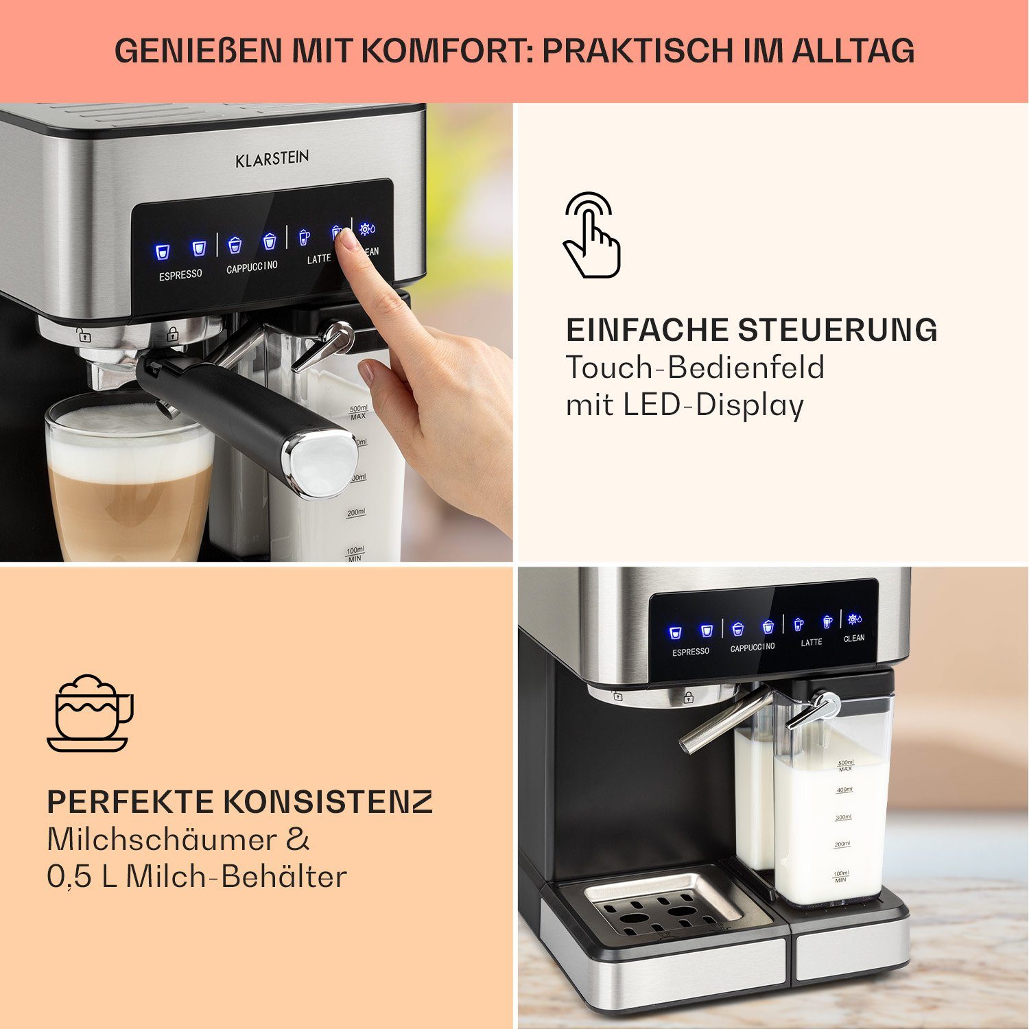 Klarstein Espressomaschine Arabica Comfort, 1.8l Kaffeekanne, Gemahlener  Kaffee und Pads: 2-in-1- Nutzung zum flexiblen Gebrauch