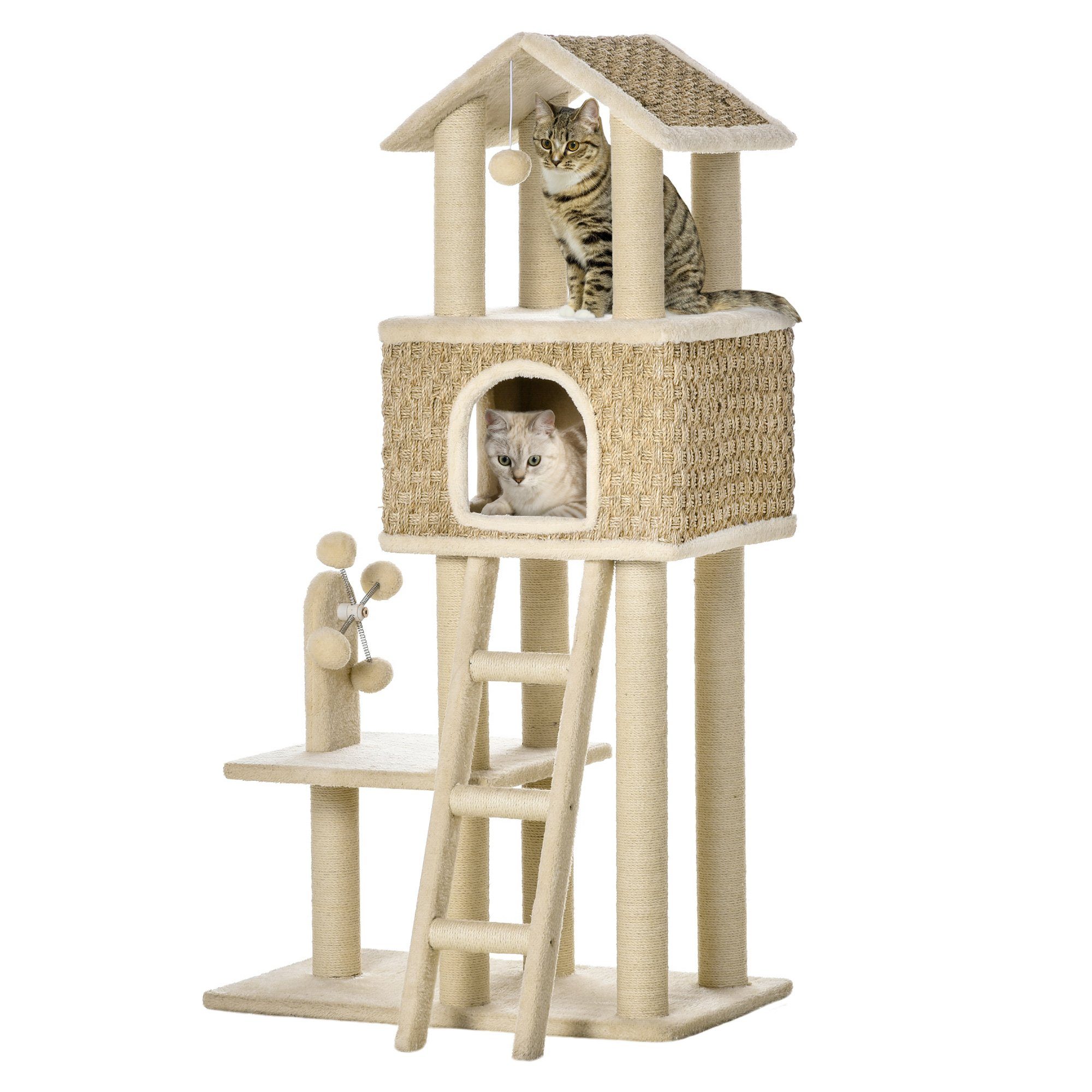 Kratzbaum Kletterbaum mit Katzenhöhle Spielbälle Spanplatte Plüsch Khaki+Beige