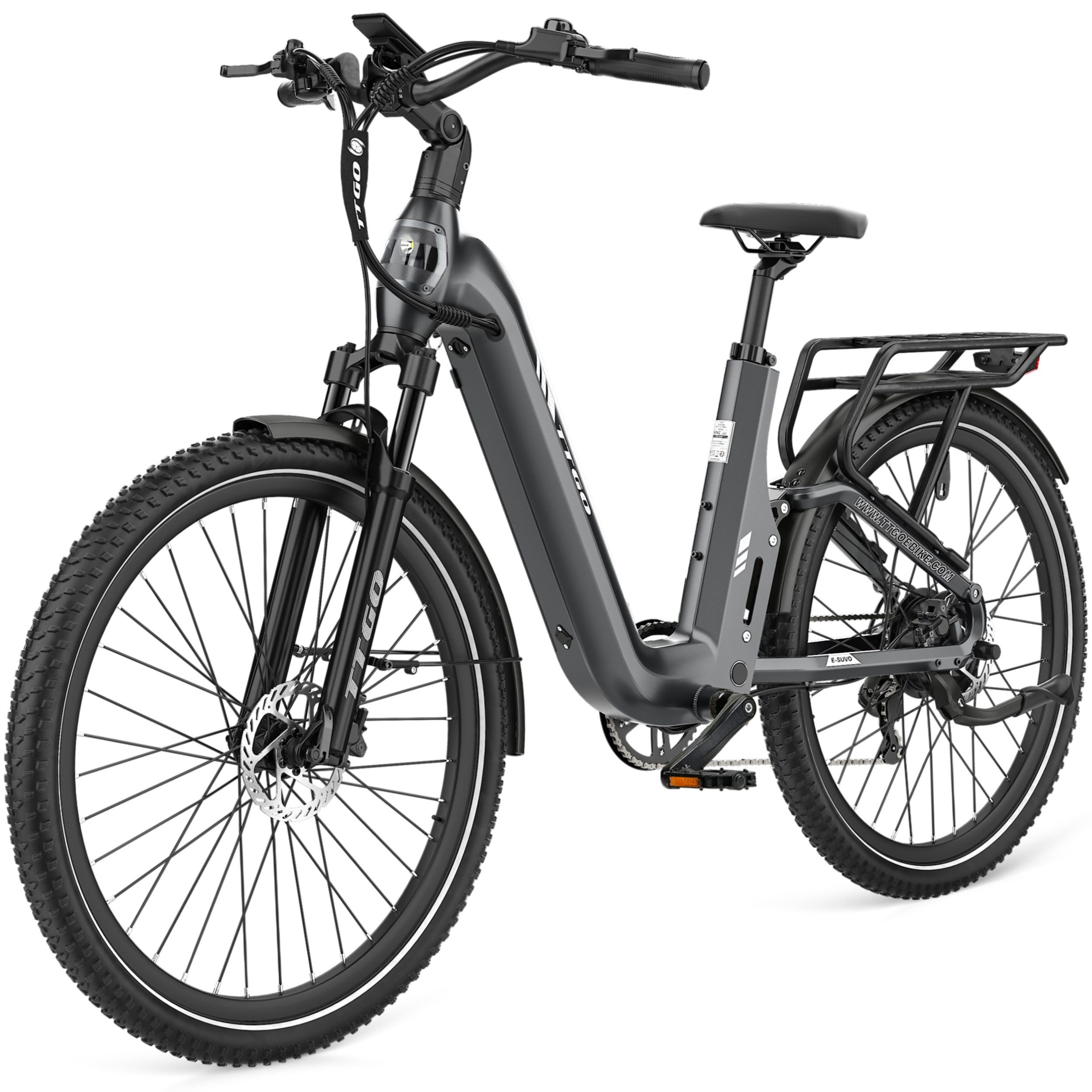 TTGO E-Bike Cityrad 28 Zoll Damen Herren, SUV, Fully, 48V 720Wh bis zu 140km, Bremslicht, 7 Gang Shimano ARDTY300D Schaltwerk, Kettenschaltung, Heckmotor, 720 Wh, (Lockout-Federgabel, Softtail, Farb-LCD-Display, Drehmomentsensor), Vollfederung, Elektrofahrrad mit Tiefeinstieg, Trekkingrad, Pedelec