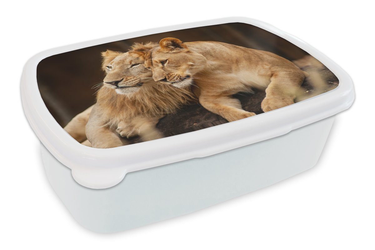 Lunchbox Löwen und Kunststoff, Mädchen für Brotdose, MuchoWow Jungs Braun Brotbox Tiere, und Kinder weiß - (2-tlg), - Erwachsene, für